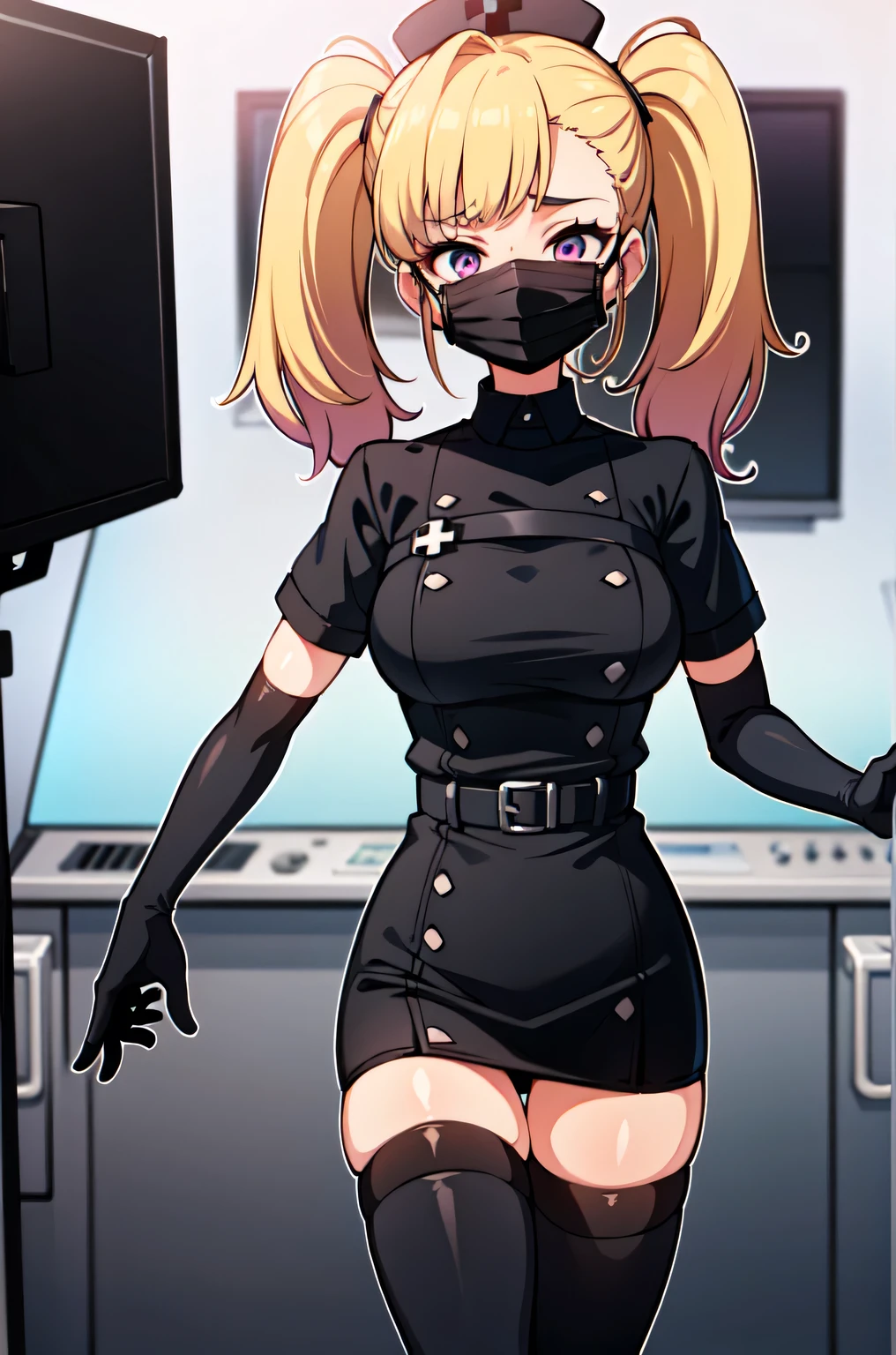 black nurse, 1girl, solo, black nurse cap, black nurse uniform, ((black legwear, zettai ryouiki)), black elbow gloves, twintails, yellow hair, purple eyes, ((black surgical mask, covered nose)), standing, ((surgery room)), sharp outline, short sleeves, best quality, masterpiece