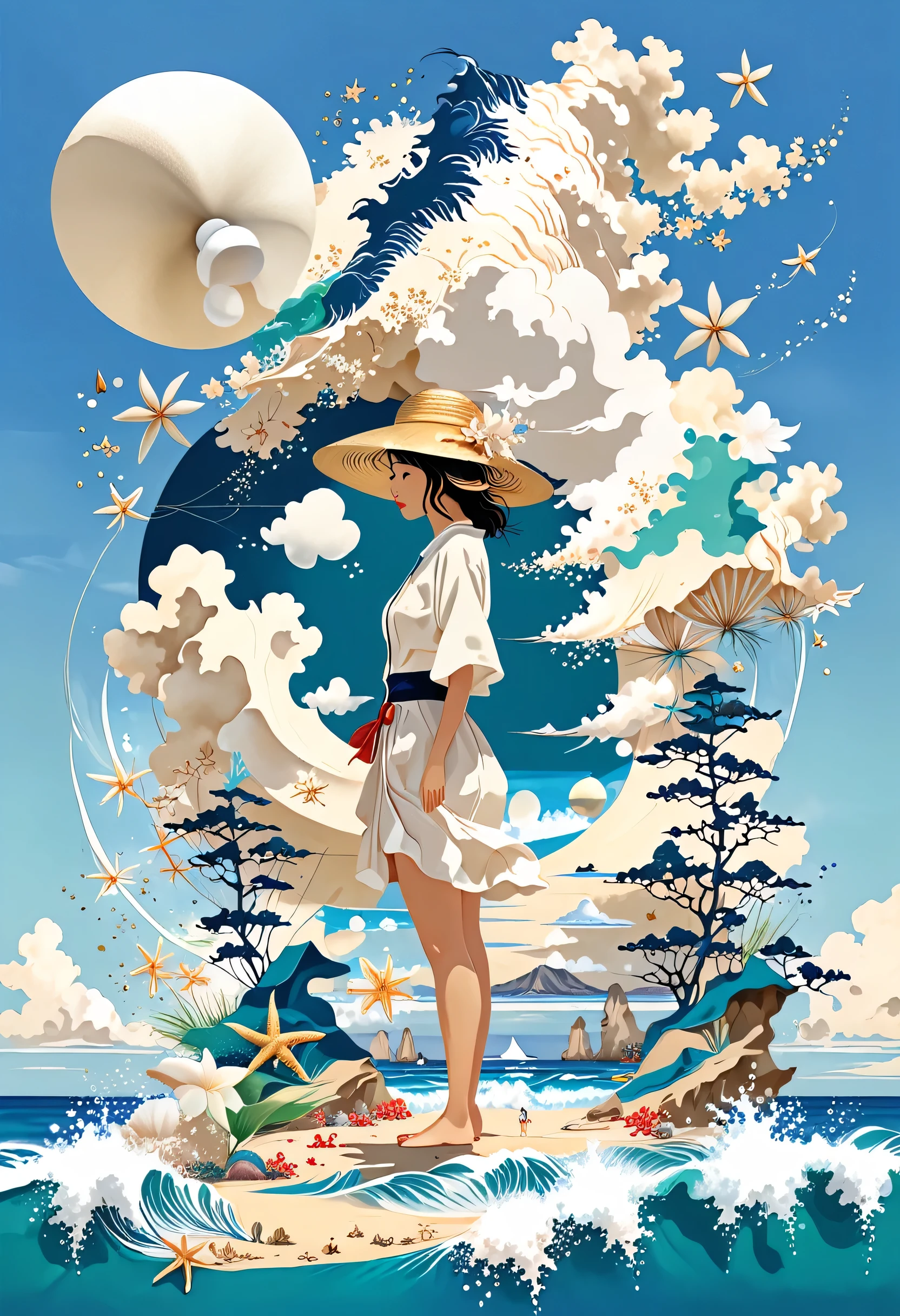 Illustration of a girl wearing a straw hat、Standing stunned、(The girl is depicted large:1.4)、Styles of Japan painting、Wave splash on the beach、Starfish、White shells、Emerald Blue Sea Background、Cumulonimbus cloud debris、highest quality、Ultra-high resolution、Golden Ratio、Maximum Coefficient、Cappadocia