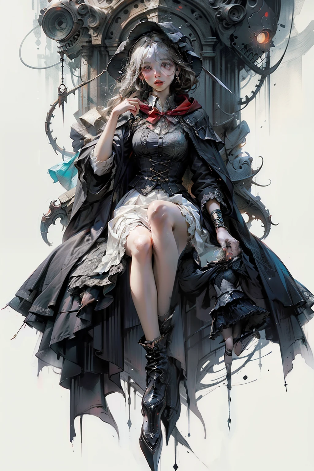 mpts
Copy
(((masutepiece, of the highest quality, super detailed))), hand drawn style, hand painted style, watercolour, sketch, a knight, white background, plain background, Bloodborne inspired, tatty Bloodborne attire, occult aesthetic, occult, tatty red and white clothing detailed and intricate steampunk and detailed gothic lolita (with a hood), diadems, long coat, Complex laced boots, Fluttering lace flared long knee length dress with frilly petticoats, long dress, knee length dress, pleated petticoats, lolita dress, petticoats gothic lolita, beautiful small breasts, (((( Highly detailed face))), small thin nose, Small thin lips mouth, (((Very sharp focused eyes))), Very large slit precision pale grey eyes that shine like jewels. very long eyelashes, Silver hair swaying in the wind, Emitting a dazzling light in a mandala pattern, white background, Very dramatic and cinematic lighting, tatty damaged old red and white clothing, full body, whole body, body, cosmic horror, grim dark
