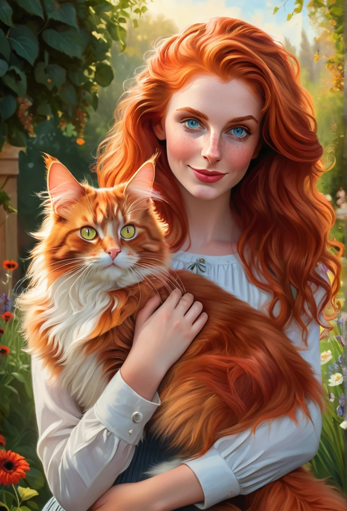 red-haired girl [Elizabeth II:Maude Adams:0.45] with a full sized  red mainecoon cat, (best quality, masterpieces, ultra-detailed), beautiful detailed eyes, beautiful detailed lips, longeyelashes, vibrant colors, illustrative style, oil painting texture, flowing red hair, cozy garden background, soft sunlight, lively expression, joyful interaction with the cat, dynamic pose, realistic rendering.