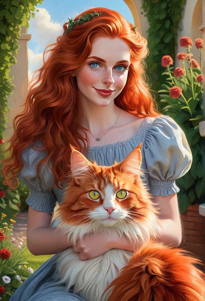 red-haired girl [Elizabeth II:Maude Adams:0.45] with a full sized  red mainecoon cat, (best quality, masterpieces, ultra-detailed), beautiful detailed eyes, beautiful detailed lips, longeyelashes, vibrant colors, illustrative style, oil painting texture, flowing red hair, cozy garden background, soft sunlight, lively expression, joyful interaction with the cat, dynamic pose, realistic rendering.