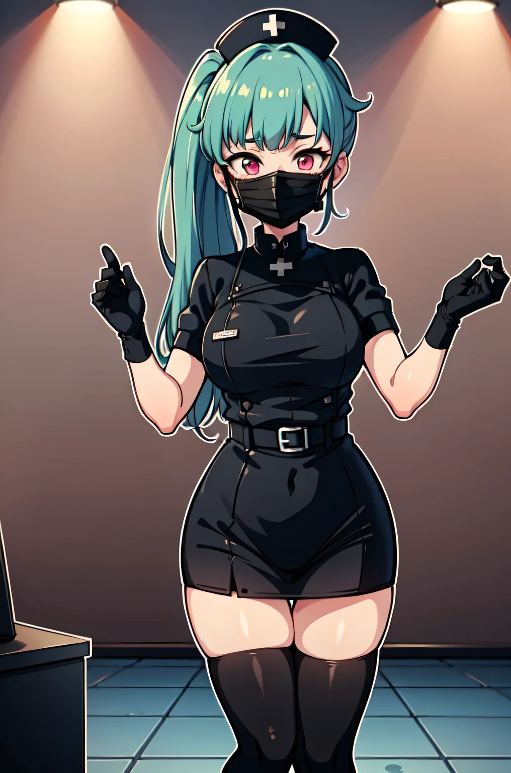 black nurse, 1girl, solo, black nurse cap, black nurse uniform, ((black legwear, zettai ryouiki)), black elbow gloves, ponytail, green hair, pink eyes, ((black surgical mask, covered nose)), standing, ((surgery room)), sharp outline, short sleeves, best quality, masterpiece