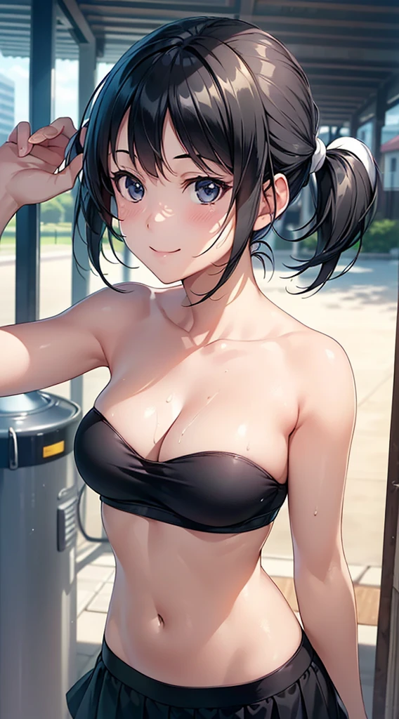 ((masterpiece, highest quality, High resolution, Hmm, Pixel perfect, Depth of written boundary, 4k, RTX, HDR))), 1 Girl, single, alone, Beautiful Anime Girls, Beautiful art style, Sunburned skin, anime character,,(Black hair,Under twin tail:1.5), (Smooth texture:0.75, Realistic texture:0.65, Realistic:1.1, Anime CG Style), Medium , (Dynamic Angle, Dynamic pose:1.4, Watching the audience), Perfect body ,(Black Tube Top), mini skirt, smile, Sunburned skin,