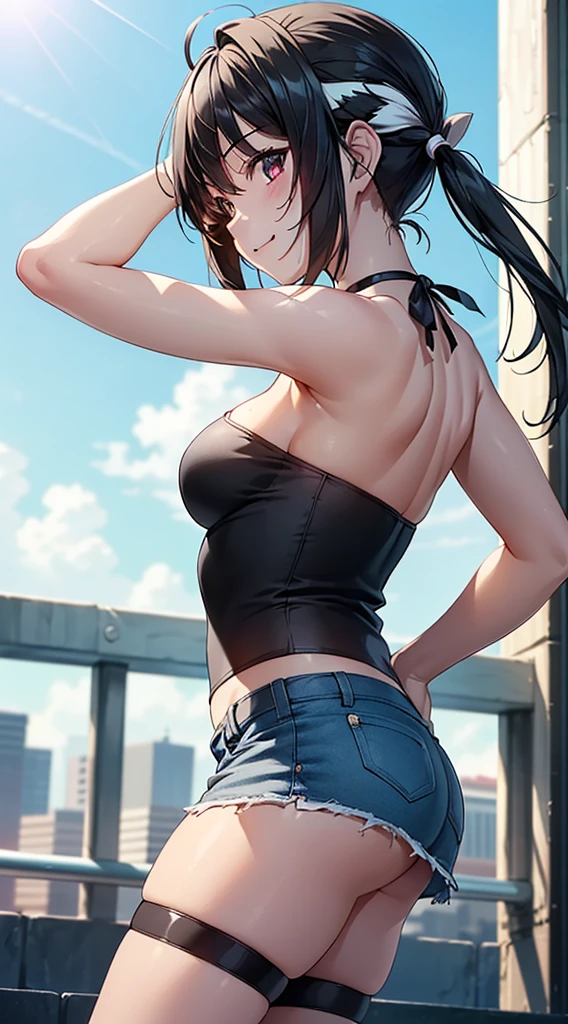 ((masterpiece, highest quality, High resolution, Hmm, Pixel perfect, Depth of written boundary, 4k, RTX, HDR))), 1 Girl, single, alone, Beautiful Anime Girls, Beautiful art style, Sunburned skin, anime character,,(Black hair,Under twin tail:1.5), (Smooth texture:0.75, Realistic texture:0.65, Realistic:1.1, Anime CG Style), Medium breast, (Dynamic Angle, Dynamic pose:1.4, Watching the audience), Perfect body ,(Black Tube Top), mini skirt, smile, Sunburned skin,