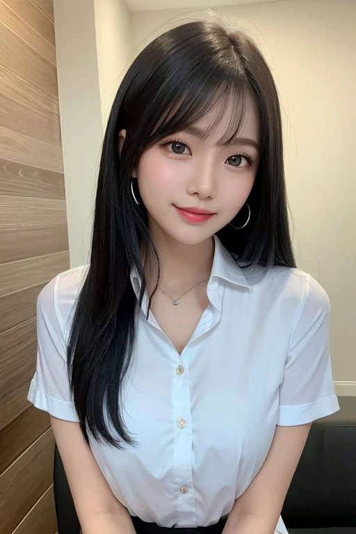 (high-level image quality、high-detail、hightquality、hight resolution、Draw everything in high resolution)、Intense crystal light blue eyes、Very small diamond-shaped earrings、Gaze firmly into the camera、Put your ears out、Light in the eyes、Beautiful very short black hair、Beautiful very short beautiful hair with bangs、Straight Beauty Bangs、beautiful decollete、Beautiful 28 years old、lipgloss、long neck、Happy smile、Beautiful teeth alignment、Beautie、Pretty Woman、Very white business shirt with open collar、Very white business shirt with open chest、lengthen the left and right ends of the bangs、Beautiful composition、Roll up the sleeves of a long-sleeved business shirt:1.4、beautiful supermodel、Lower body bare only