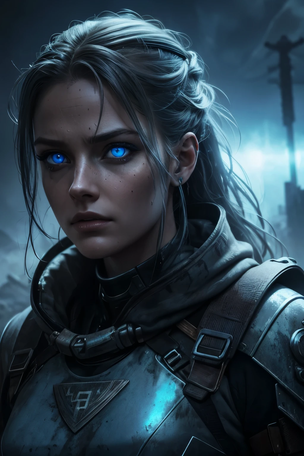 Female representation of the apocalypse, beautiful, piercing blue eyes, hyperdetailed, photorealistic, post apocalyptic background, volumetric lighting, 4k
