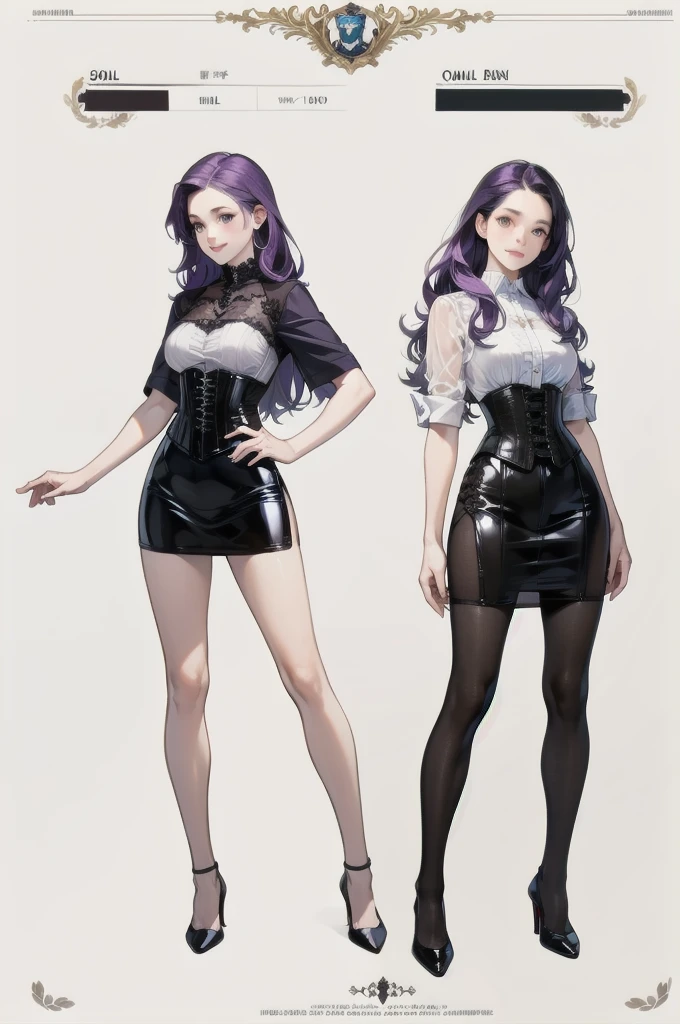 Purple hair,voluminous long hair,Adult female,(suit),See-through shirt,See-through tops,((Roll up your sleeves)),(Corset),(Tight skirt),(high heels),The heel is visible,((Simple background)),Smile,((Full body)),((whole body)),Character Sheet,