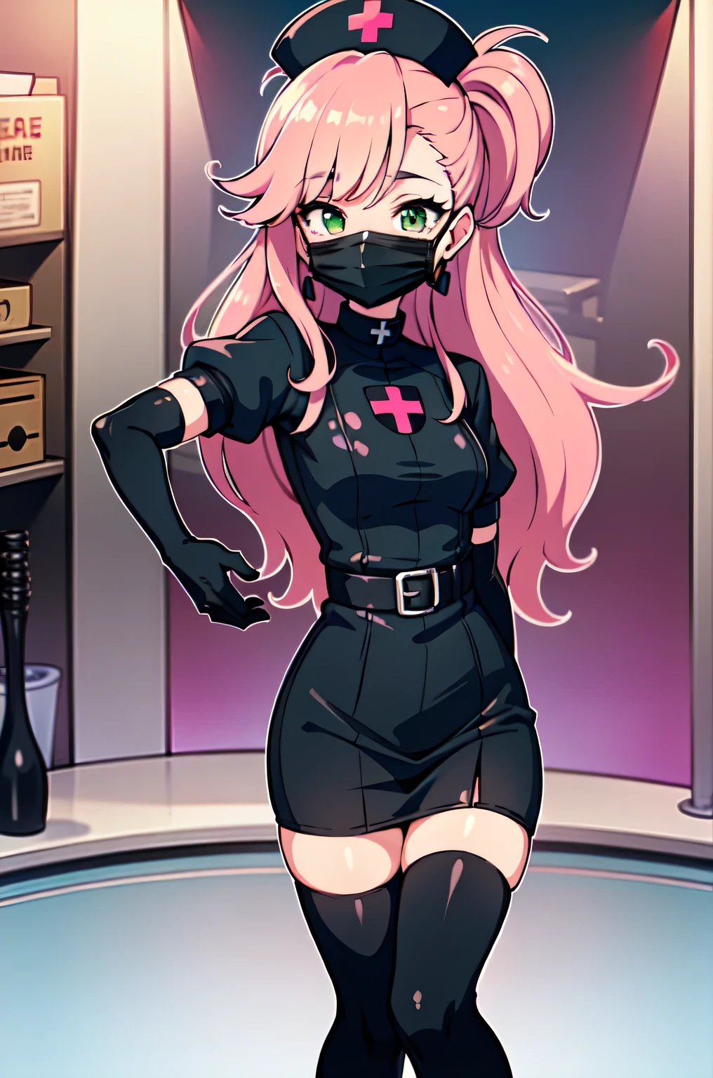 black nurse, 1girl, solo, black nurse cap, black nurse uniform, ((black legwear, zettai ryouiki)), black elbow gloves, pink hair, green eyes, drooping eyes, ((black surgical mask, covered nose)), standing, ((surgery room)), sharp outline, short sleeves, best quality, masterpiece