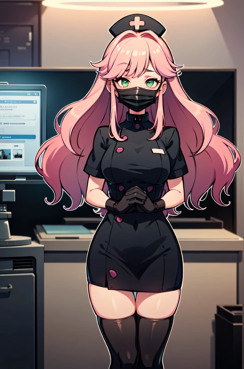 black nurse, 1girl, solo, black nurse cap, black nurse uniform, ((black legwear, zettai ryouiki)), black elbow gloves, pink hair, green eyes, drooping eyes, ((black surgical mask, covered nose)), standing, ((surgery room)), sharp outline, short sleeves, best quality, masterpiece