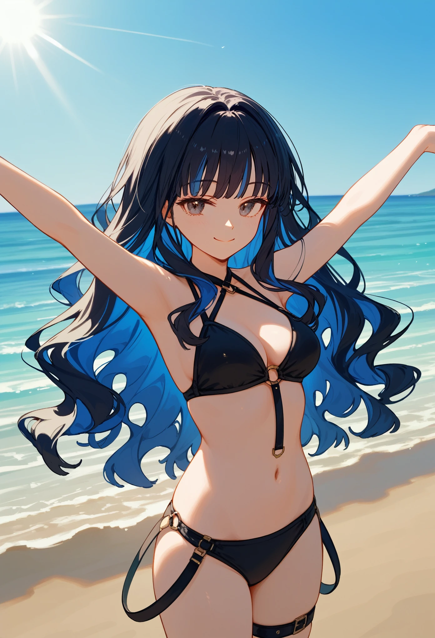 1girl, solo, long hair, multicolored hair, black hair, sidelocks, blue hair, wavy hair, swimsuit, black bikini, hip straps, medium breasts, woman, standing, spread arms, perfect hands, happy, looking at viewer, narrowed eyes, small smile, closed mouth, beach, ocean, dusk, sunlight, looking away, masterpiece, score_9, score_8_up, score_7_up