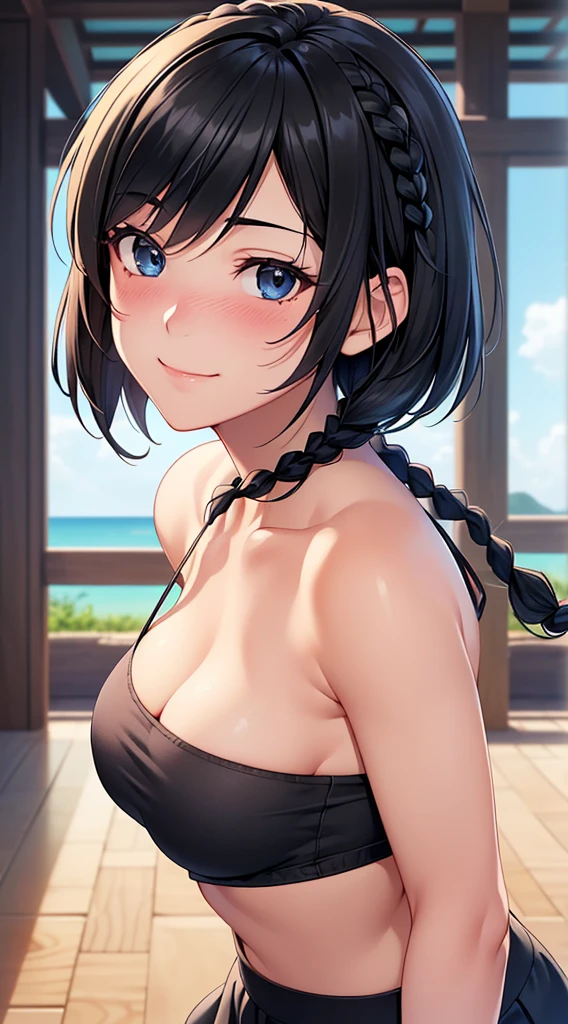 ((masterpiece, highest quality, High resolution, Hmm, Pixel perfect, Depth of written boundary, 4k, RTX, HDR))), 1 Girl, single, alone, Beautiful Anime Girls, Beautiful art style, Sunburned skin, anime character,,(Black hair,,Short hair in two braids:1.5), (Black Eye:1.4, Round eyes, Beautiful eyelashes, Realistic eyes), (Detailed face, Blushing:1.2), (Smooth texture:0.75, Realistic texture:0.65, Realistic:1.1, Anime CG Style), Medium breast, (Dynamic Angle, Dynamic pose:1.4, Watching the audience), Perfect body ,(Black Tube Top), mini skirt, smile, Sunburned skin,
