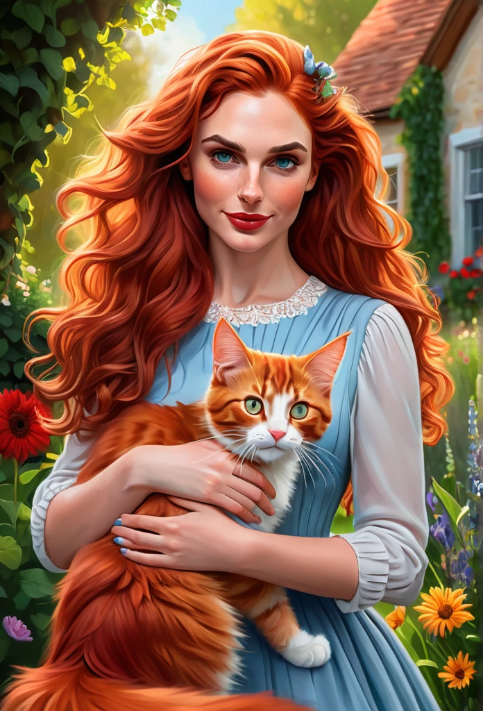 red-haired girl [Elizabeth II:Gal Gadot:0.45] with a full sized  red mainecoon cat, (best quality, masterpieces, ultra-detailed), beautiful detailed eyes, beautiful detailed lips, longeyelashes, vibrant colors, illustrative style, oil painting texture, flowing red hair, cozy garden background, soft sunlight, lively expression, joyful interaction with the cat, dynamic pose, realistic rendering.