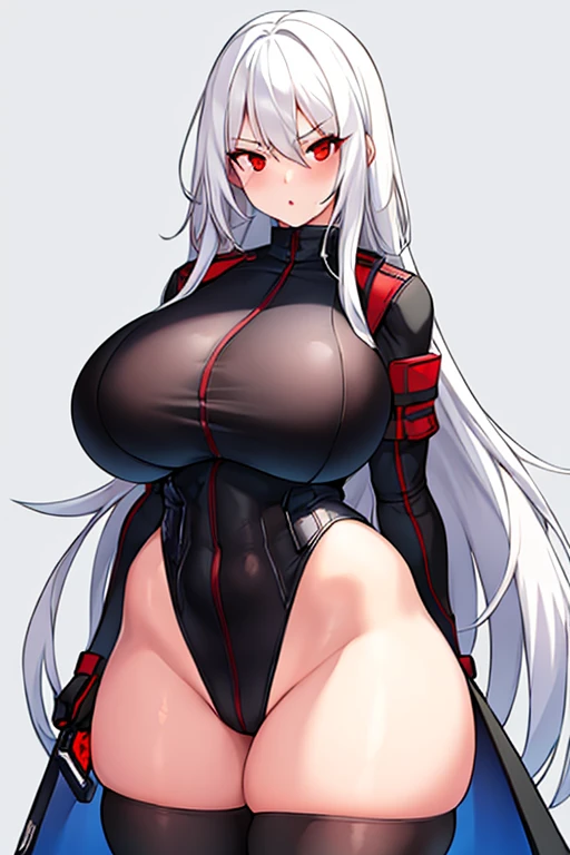 1girl, white hair, long hair, red eyes, serious, glowing eyes, large breasts, thick thighs, mature female, athletic female, toned, leotard, black leotard, thighhighs, belt, knife