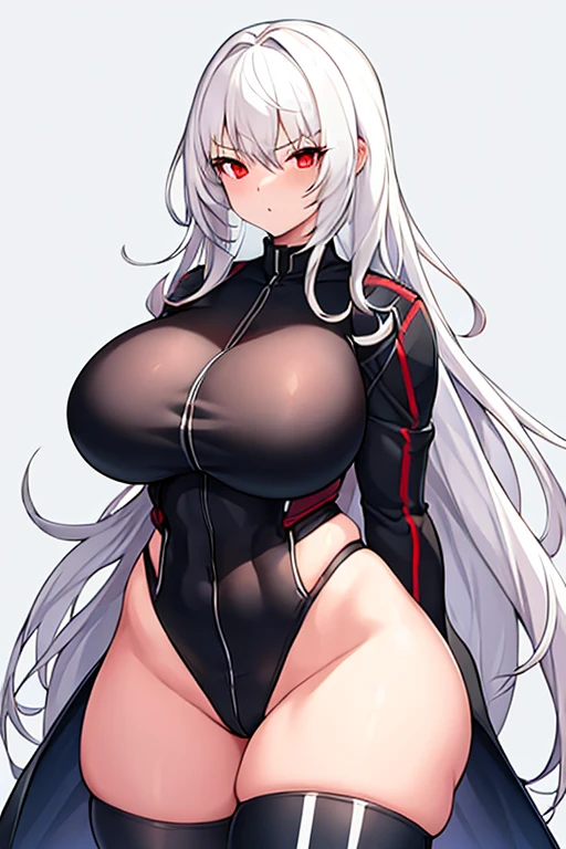 1girl, white hair, long hair, red eyes, serious, glowing eyes, large breasts, thick thighs, mature female, athletic female, toned, leotard, black leotard, thighhighs, belt, knife