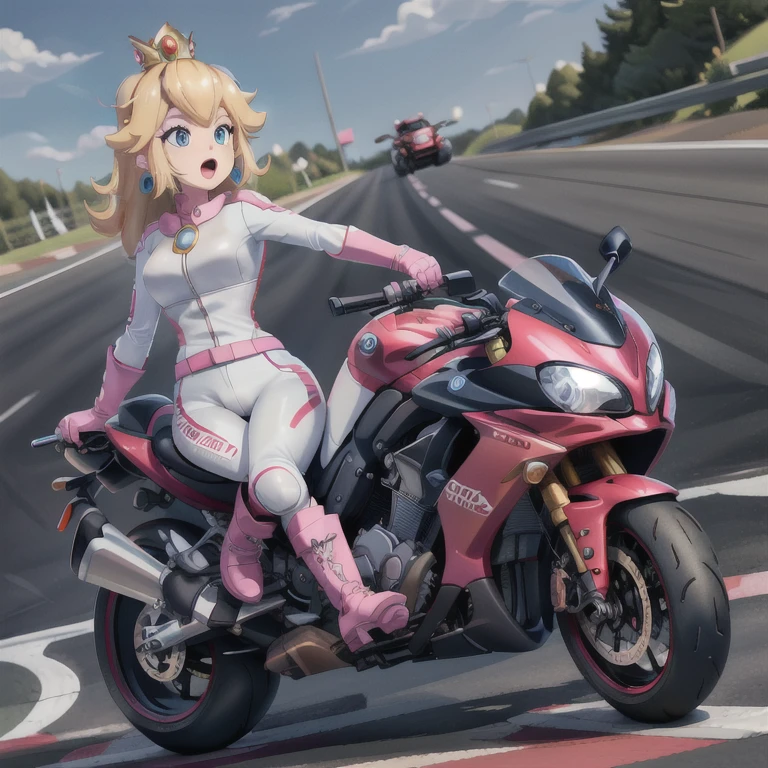 moterbike motorcycle riding , 1girl, princess_peach_mariokart_outfit, white and pink motorcycle suit, short blonde hair, bright blue eyes, wide hips, "Volumetric Lighting, Best Shadows, Shallow Depth of Field, (Highest Quality, Amazing Details:1.25), Brilliant Colorful Paintings", road action shot race outdoors zy48 ground_vehicle, motor_vehicle, motorcycle, road, shadow, traditional_media, vehicle_focus tires driveing 1girl, driving, ground_vehicle, motion_blur, motor_vehicle, motorcycle, motorcycle_helmet, on_motorcycle, open_mouth, riding, road, shirt, sunglasses, vehicle_focus
