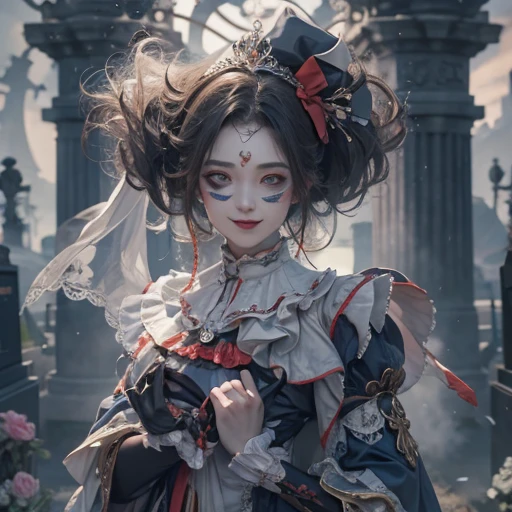 Standing in the grave、Hair flow、 ((highest quality、masterpiece、8k、Best image quality、Ultra-high resolution、Award-winning works)、(Accurate anatomy:1.1)、(Look at me and smile:1.1)、Shining fair skin with Ultra-high resolution、The most detailed face、Ultra-high resolution detailed face、Ultra-high resolutionの髪の毛、(Ultra-high resolution eye:1.1)、Beautiful face drawn in every detail、Cheerful clown costume, Chest to chest,  Strange atmosphere, Ghosts flow, Dark Light, At the cemetery, Heavy makeup 