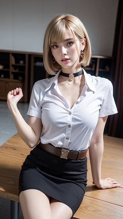 (8ก,high resolution, Masterpiece, best quality, alone, complicated details, Chromatic aberration), realistic, ((small breasts)), hair in one eye, purple eyes, big round hoop earrings, sharp eyes, Choker decorated with diamonds, (symmetrical eyes), (Perfect symmetrical body), Photo of a beautiful 21 year old age girl..,(fit the body), Beautiful and charming with contemporary fashion paintings as well., looking at the audience, ((Behind the scenes of a large classroom)), (black short skirt), ((Wear a white short-sleeved shirt.), (Unbuttoning all buttons), (revealing breast)), ((black short pencil skirt), Deep cut on side), (Double square buckle leather belt), ((Put your hands down.)), (Golden blonde bob, short hair, bangs to the side. Copper blonde hair) , (Sit with your legs open.), sharp eyeliner, Eye shadow blush with thick eyelashes, Very delicate and beautiful, round chin, Sharp focus, elegant, Sitting with legs spread out on the study table Lift one leg up. , (The legs will be separated.) , dynamic gesture, soft breasts, Sagging breasts.