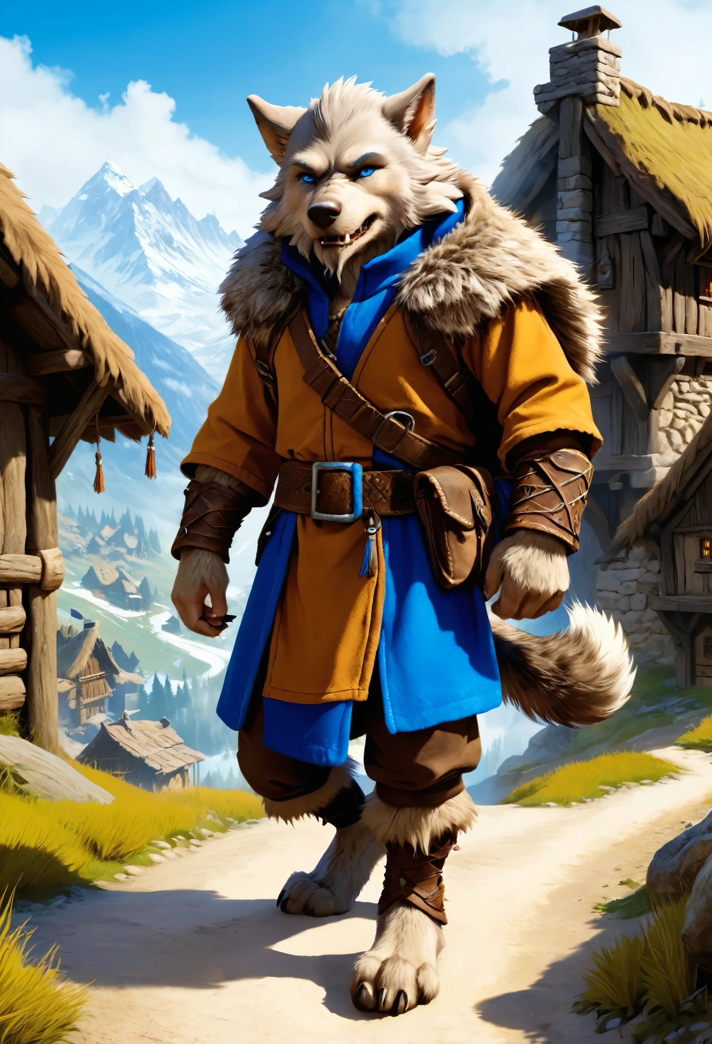 masterpiece,best quality,Extremely detailed,high resolution,Very detailed,Solitary,fantasy,Wolf Orc,Boys,11-year-old Boys,(Direct, short hair),blue eyes,Cute face,hairy,Gray fur,Fluffy neck hair,(Expedition Clothing, Brown), barefoot, Extremely detailed fur,( Five fingers), Overview, external, village,