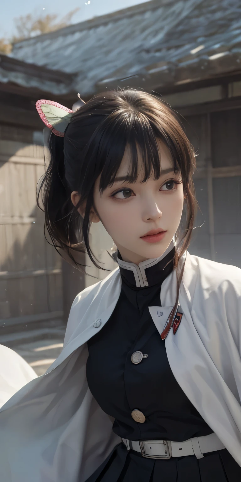 (RAW Photos, highest quality), (Realistic, Photorealistic Truth: 1.3), highest quality, Very detailed, masterpiece, Ultra-detailed, figure, One girl, kanao tsuyuri, ((Bangs Patsun,Side ponytail)),(( Demon Slayer uniform:1.4)), Butterfly Hair Ornament,( white belt), ( White Cape),, (Black jacket), (Pleated skirt), belt, (Black Skirt), knees, buckle, belt buckle, upper_body, Dynamic Angle, World Mastery Theatre, long hair flying, Fluorescent Centred, highest quality, Highly detailed CG integrated 8K wallpaper, ink, wonderful, Cinema Lighting, lens_Flare, wuxia_style,(((Straight Bangs:1.4))),(blunt bangs:1.4), Natural makeup,Combat Ready, Giant tit，Various poses,A broad perspective,