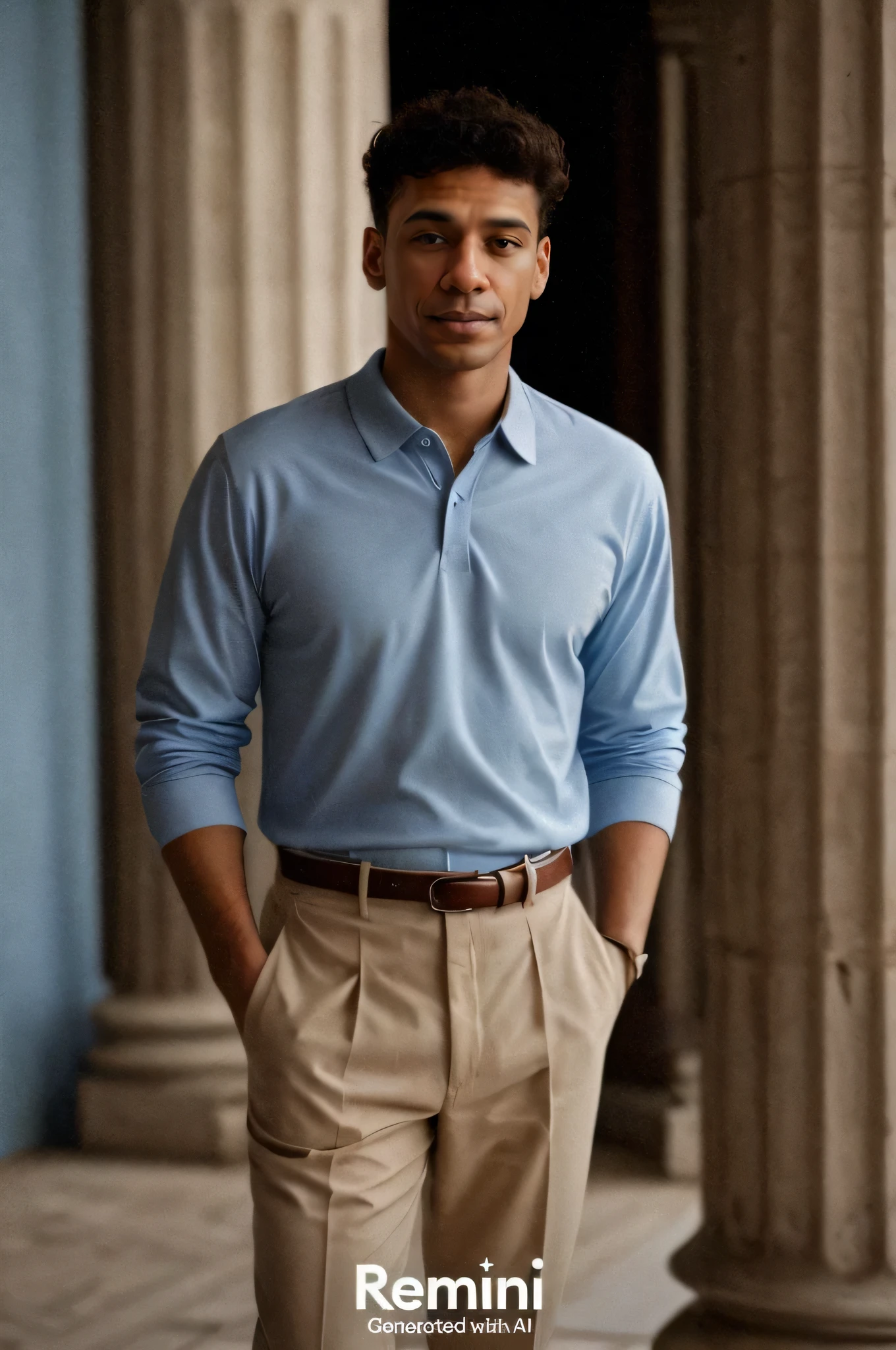 arafed man in a t-shirt bleu and tan pants standing in a hallway, wearing a light t-shirt bleu, porter un polo, style preppy, wearing a dark blue polo shirt, Editorial photography, t-shirt bleu, portrait complet du corps, elegant slim beige shirt, Pale blue outfit, image fixe de Barack Obama, male model, 'Luca', vêtements sur mesure, bleu ciel