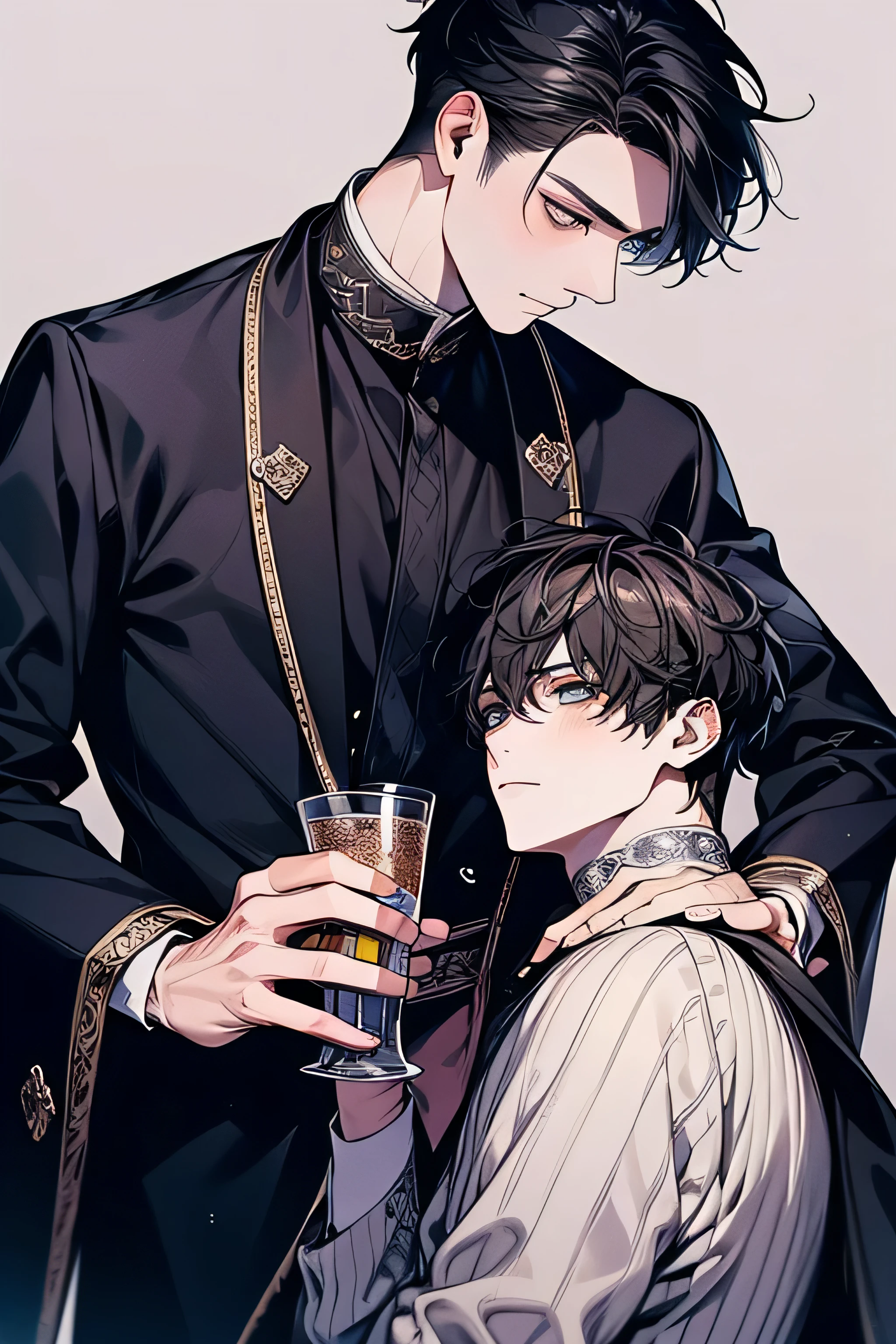 (highest quality), Very detailed, ((Two men))、Composition seen from below、Incitement、Raising the chin、Beautiful Men、Host Fashion