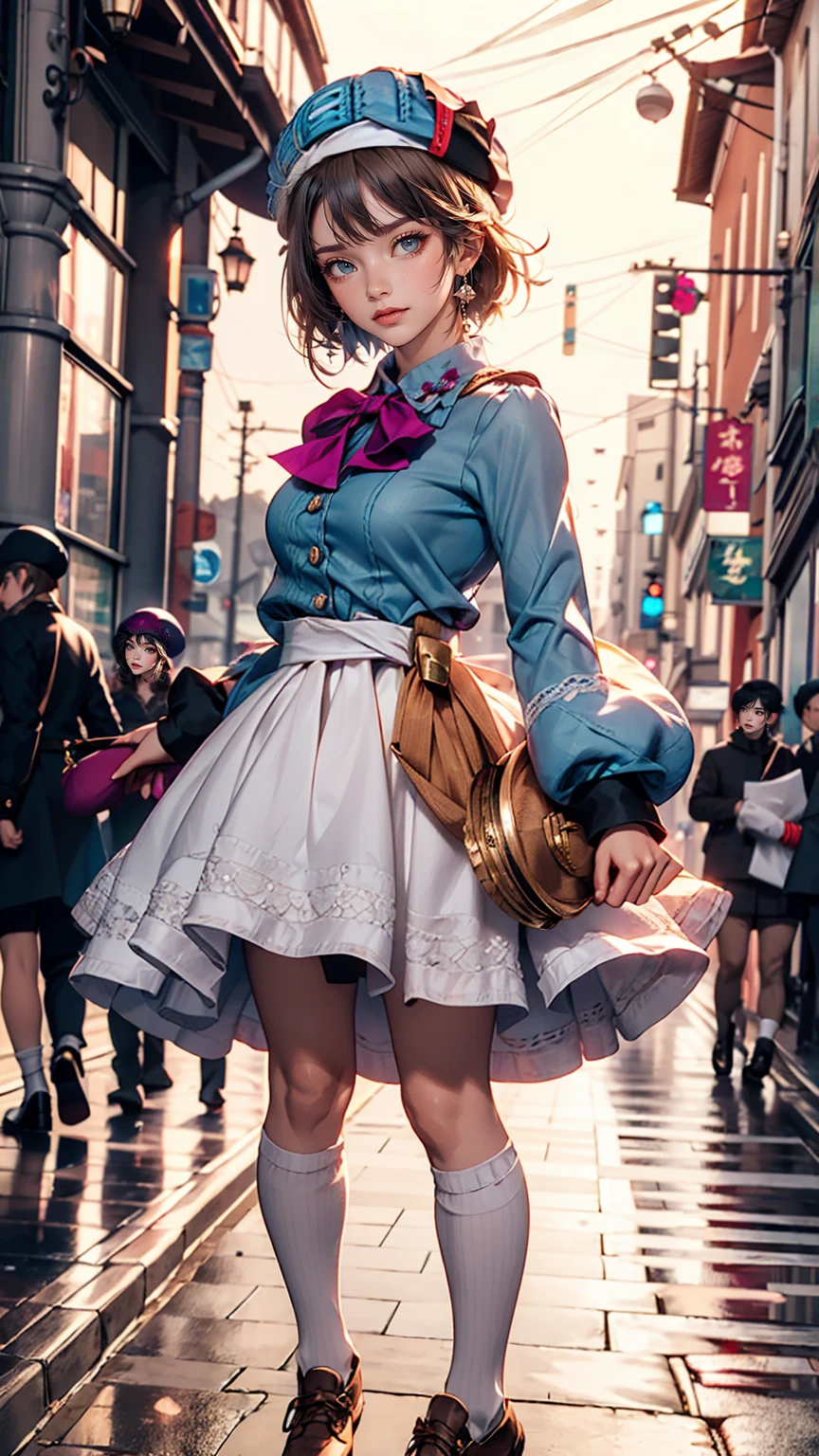 (iwanagadress:1.2), (iwanagakotoko:0.9),(beret:1.8), Kotoko Iwanaga, One girl, beret, black bow, blue skirt, bow, Brown footwear, Cane, dress, hair bow, Have, Holding, Holding Cane, Juliet Sleeve, Light brown hair, Long sleeve, View Viewer, petticoat, Puffy sleeves, Purple eyes, short hair, skirt, alone, Thigh straps, Knee socks, white dress, White Hat, white Knee socks, kyokou suiri