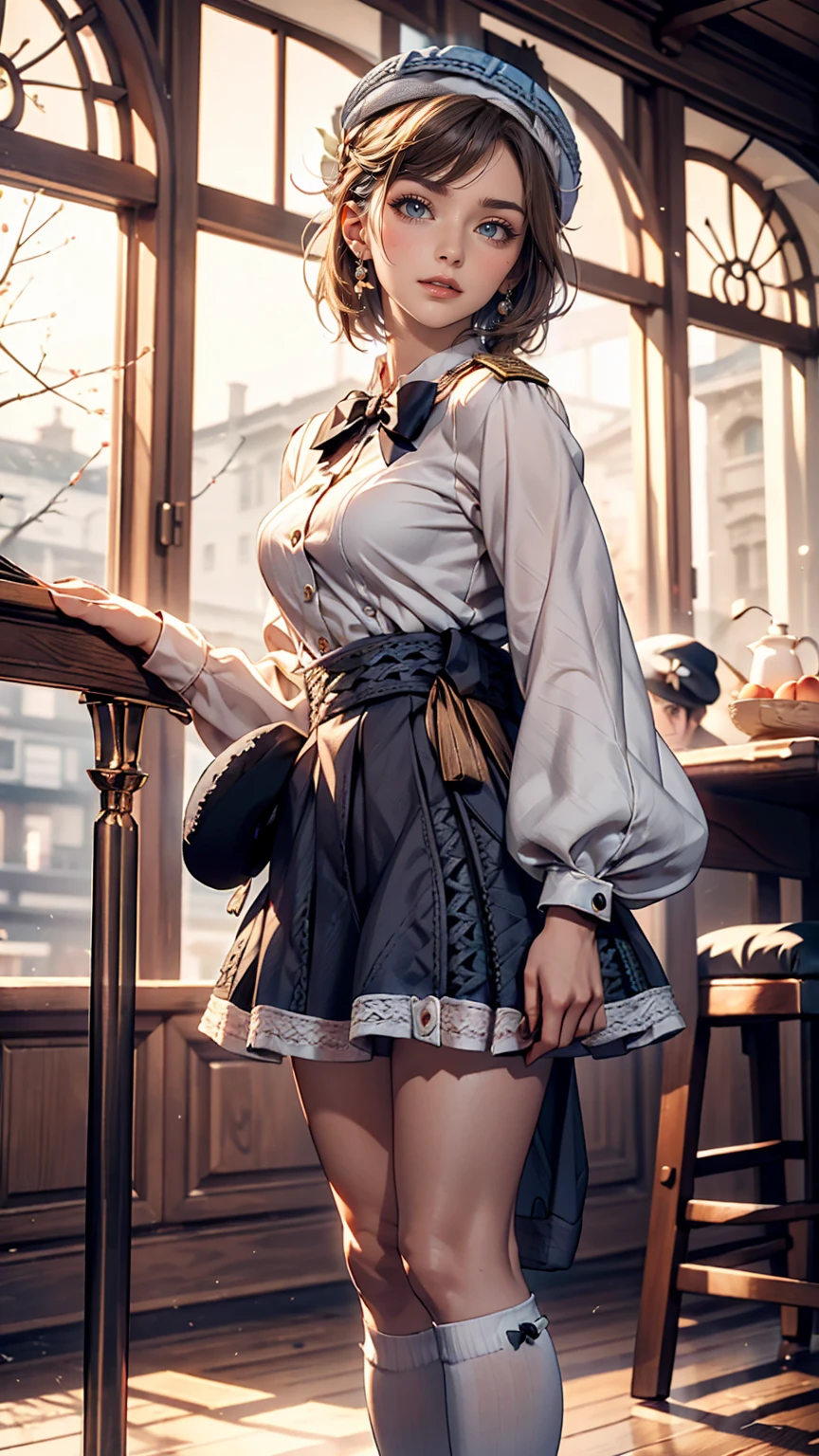 (iwanagadress:1.2), (iwanagakotoko:0.9),(beret:1.8), Kotoko Iwanaga, One girl, beret, black bow, blue skirt, bow, Brown footwear, Cane, dress, hair bow, Have, Holding, Holding Cane, Juliet Sleeve, Light brown hair, Long sleeve, View Viewer, petticoat, Puffy sleeves, Purple eyes, short hair, skirt, alone, Thigh straps, Knee socks, white dress, White Hat, white Knee socks, kyokou suiri