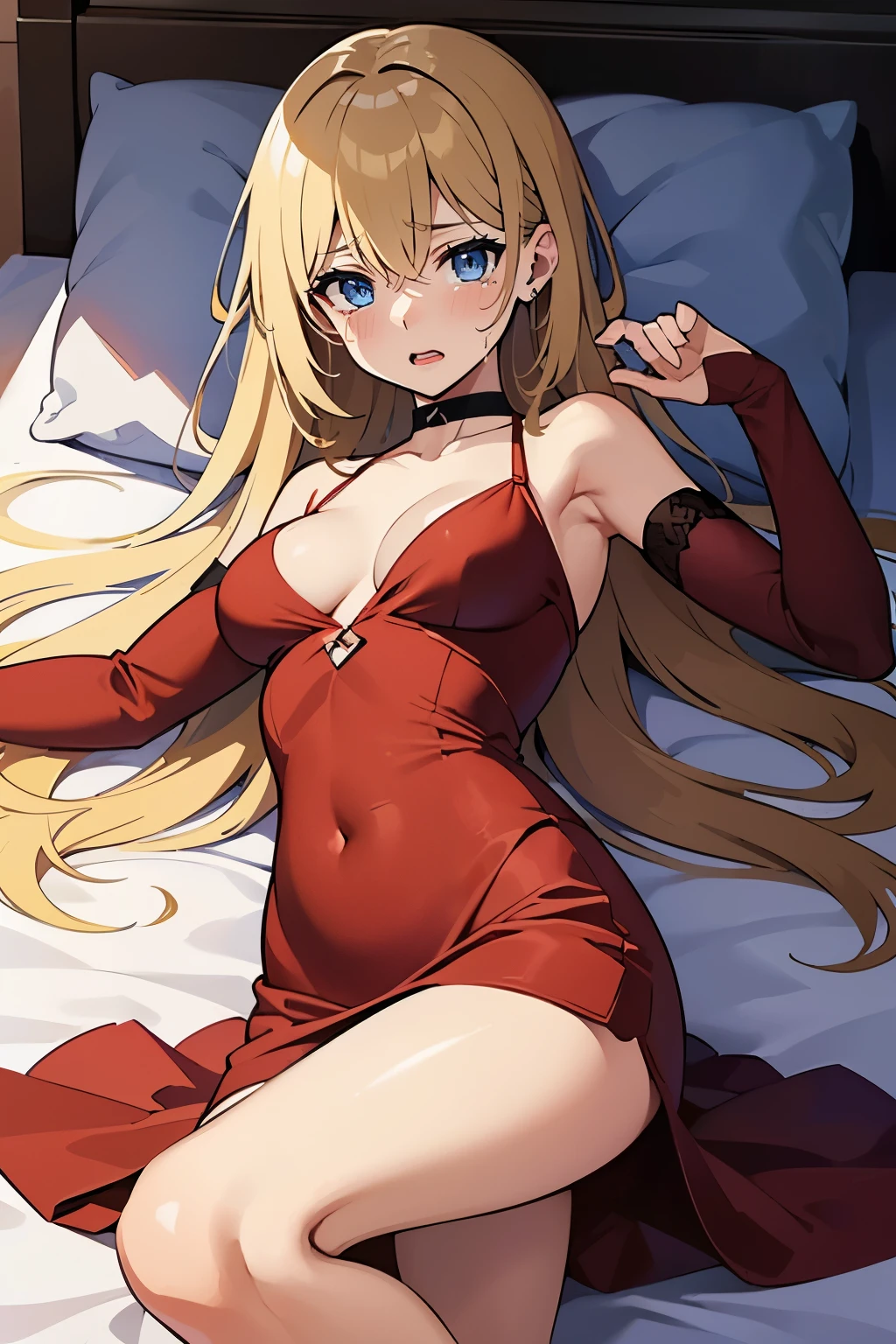 Safe for work, masterpiece, best quality, solo, 1 girl, cute girl, wholesome girl, (young female body:1.4), (medium small breasts), cowboy shot, light blue eyes, yellow golden hair, extra long blonde hair, very ling hair, hime cut, bedroom, lying on bed, bed, dark red dress, short red dress, tight dress, tights,sleveless dress, spreading legs, night time, dark ambience, lying down on back, plunge neckline, legs wide open, hands on breast, hands on stomach, hands on leg, bending leg, one leg up, waiting to be fucked, holding legs open