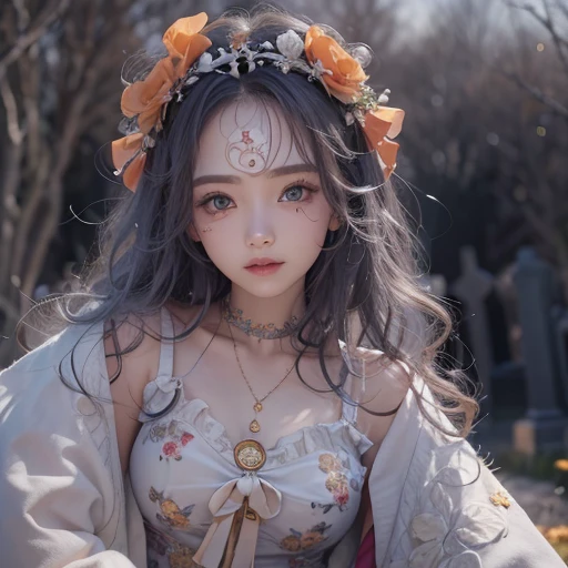 Standing in the grave、Hair flow、 ((highest quality、masterpiece、8k、Best image quality、Ultra-high resolution、Award-winning works)、(Accurate anatomy:1.1)、(Look at me and smile:1.1)、Shining fair skin with Ultra-high resolution、The most detailed face、Ultra-high resolution detailed face、Ultra-high resolutionの髪の毛、(Ultra-high resolution eye:1.1)、Beautiful face drawn in every detail、Cheerful clown costume, Chest to chest, Strange atmosphere, Ghosts flow, Dark Light, At the cemetery, Heavy makeup
