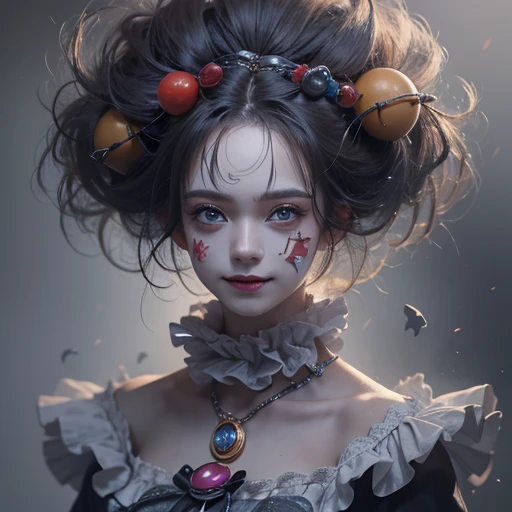 Standing in the grave、Hair flow、 ((highest quality、masterpiece、8k、Best image quality、Ultra-high resolution、Award-winning works)、(Accurate anatomy:1.1)、(Look at me and smile:1.1)、Shining fair skin with Ultra-high resolution、The most detailed face、Ultra-high resolution detailed face、Ultra-high resolutionの髪の毛、(Ultra-high resolution eye:1.1)、Beautiful face drawn in every detail、Cheerful clown costume, Chest to chest,  Strange atmosphere, Ghosts flow, Dark Light, At the cemetery, Heavy makeup 