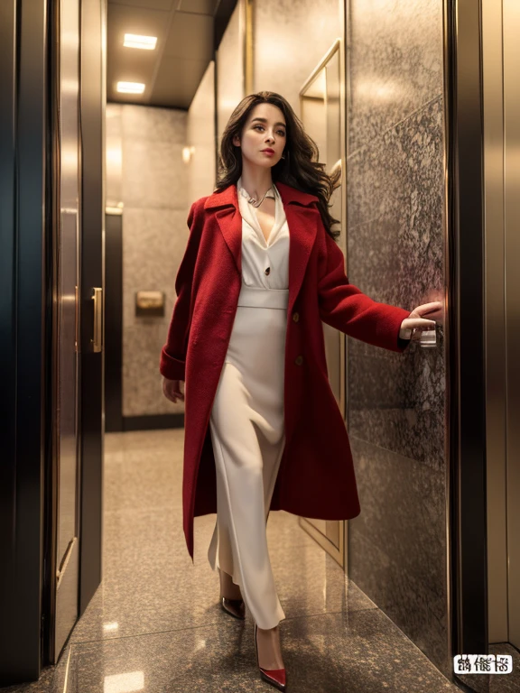 (whole body photoshoot:1 .4)(​masterpiece:1.3), (8K, Photorealsitic, Raw photography, top-quality: 1.4), (1girl in), (A pretty woman with slim figure:1.4), enigmatic beauty, stunning face, beautiful countenance, (Lifelike face), Beautiful hairstyle, Black hair, Long hair, Dark hair, Wavy hairstyle, realisticeyes, beautiful detail, (real looking skin), Beautiful skins, enticing, The ultra -The high-definition, A hyper-realistic, ighly detailed. (beautiful ankle with slim figure: 1.3), Stepping out elevator: 1.3, is walking forward: 1.3, cat walk: 0.5. (Red long woolen coat #(G: 30, R: 255, B: 30): 1.4), (White dress #FFFFF): 1.7), (Red high heel #(G: 30 R: 255, B: 30): 1.7), (Red long woolen coat #(G: 30, R: 255, B: 30): 1.4). (Red high heel #(G: 30 R: 255, B: 30): 1.7), (Classic red high heels: 1.7),  Background: (the elevator hall has white marble wall and floor: 1.3), inside the elevator is warm light
