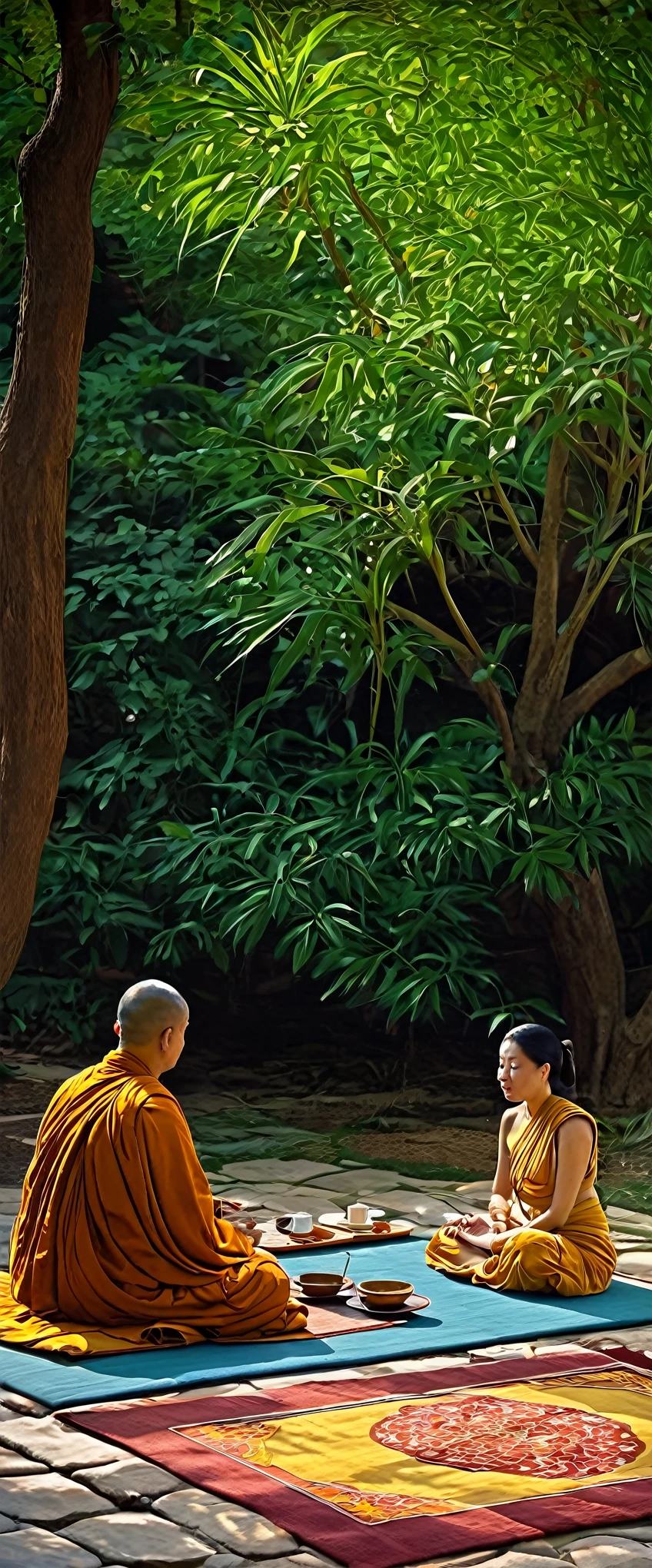 painting of a man sitting on a bench with a woman sitting on a rug, buddhism, buddhist, buddhist art, the buddha, on the path to enlightenment, on path to enlightenment, hindu stages of meditation, buddha, buddhist monk meditating, beautiful depiction, spiritual enlightenment, by John La Gatta, praying meditating, monk meditate, karma sutra, serene scene