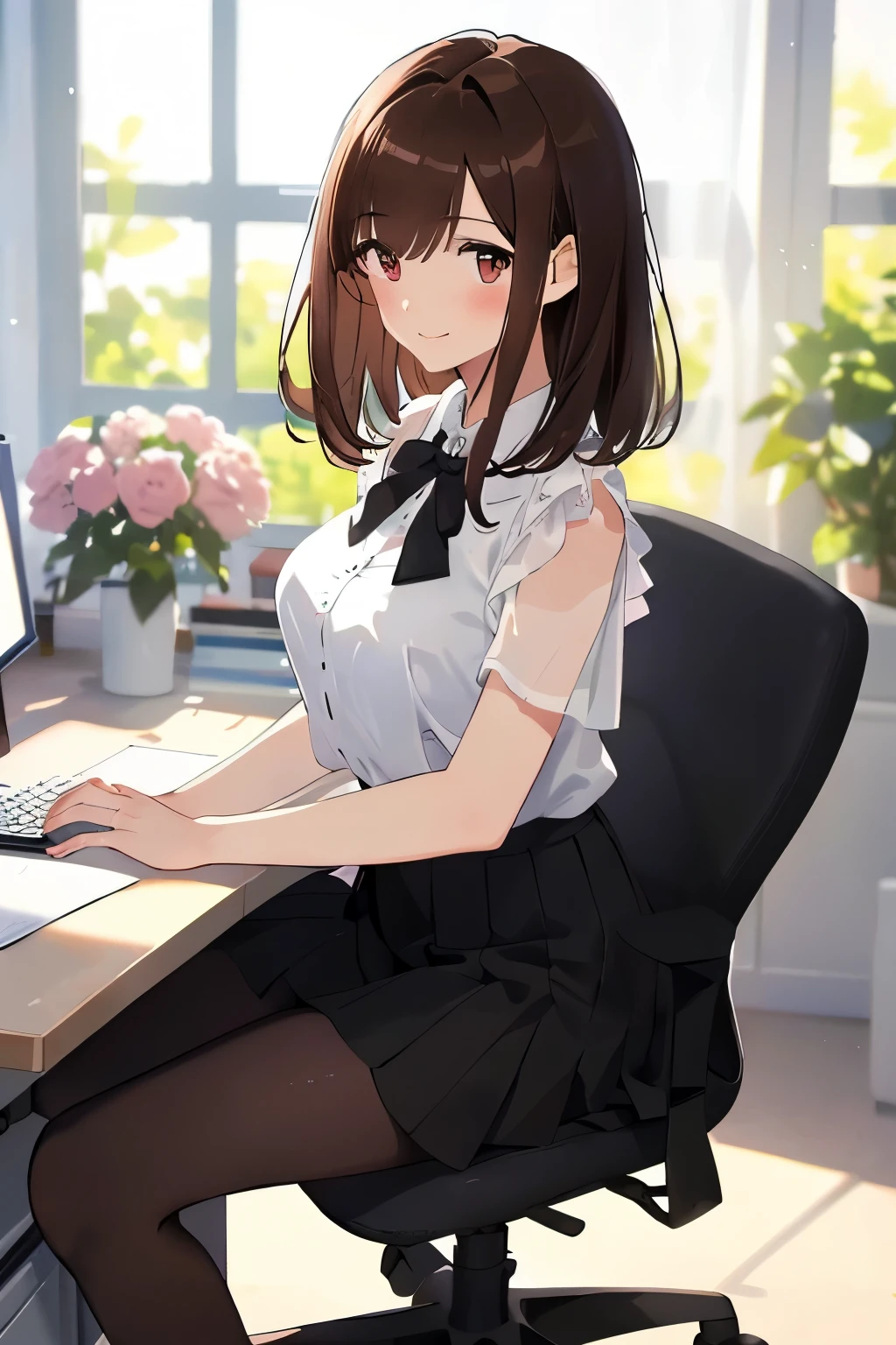 best quality, masterpiece, solo, 1 Female、Age 25、Larger breasts、(Slender figure)、From the side、(sitting in an office chair)、office lady、Poses that emphasize the chest、sheer white blouse、Bowtie、skirt、tights、(White highlight in pupil:1.2)、Dark reddish brown eyes、(Black-haired:1.2)、(Medium Hair)、(View your viewers:1.2)、White skin、(blush)、(A shy smile)、(A sad expression)、(I blur the background a lot to make the woman stand out.:1.3)、(The sunlight shines in)、Beautiful flowers in the background