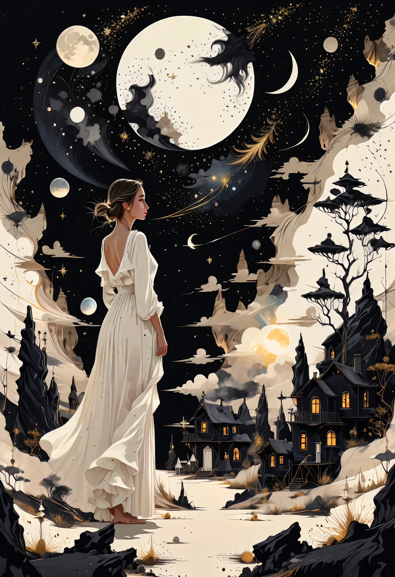 Illustration of a girl wearing a white dress、Standing stunned、Western painting style、And many more stars are shining、A starry sky、Simple jet black sky background、Crescent Moon、highest quality、Ultra-high resolution、Golden Ratio、Maximum Coefficient、Cappadocia