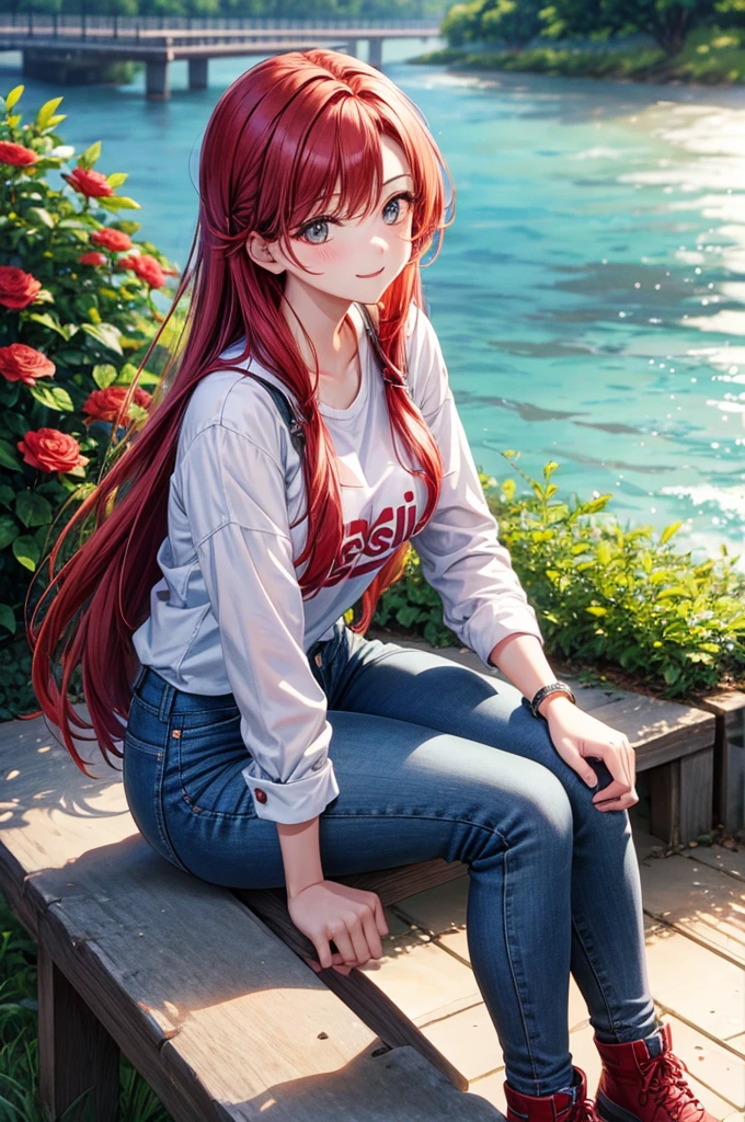 girl, Red_hair, Flowers, Baggy jeans,exposed buttocks ,White shirt, A cautious smile, Cute appearance), (Sit on a bench, River in the background, prime time