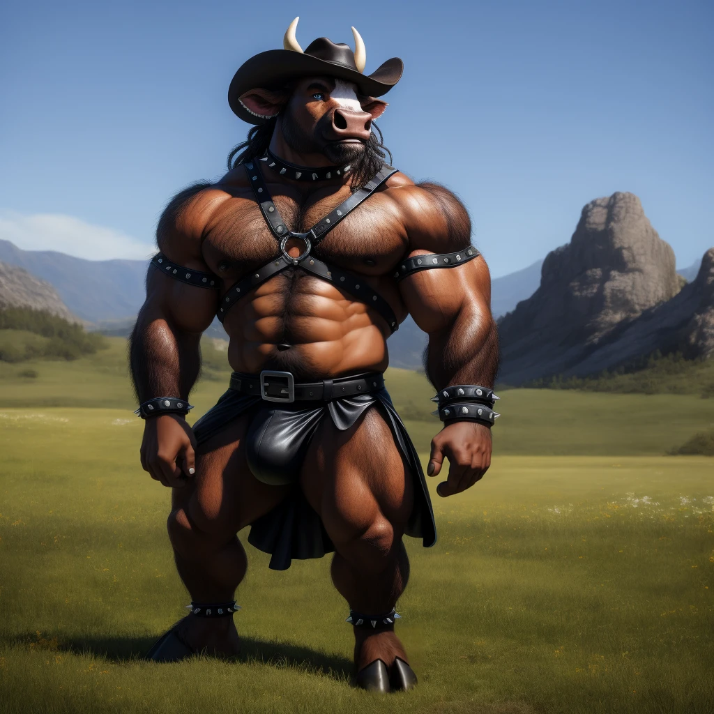 Furry, Antro, anthropomorphic, Solo, Bull, Bovine, White horns, loong bovine tail, (furry Brown Dark), tribal tattoo arm, (Male Bulge), nose ring, Conk, narigon, Aro en Nariz, piercing noise, Big Balls, Big Ass, Wearing a Black Leather Harness, Black bicep leather bracelet, Leather Buckle Armband, Black dark Leather Slip, black leather warrior skirt, thread thong, Black Belt, Spiked Collar, Spiked Wristbands, (Leather Bicep Arm Strap), man pendant, Cowboy Hat, Spiked Anklet, Hooves, Hairy, Full Body, Braided Mane, Hairy Torso, Seen Standing, Upright Standing Pose, Blue Pupil Eyes, High Resolution, 4K Detailed, Good Lighting, Beautiful, Blue Sky Background with Green Grass Meadow, black hair, photorealistic