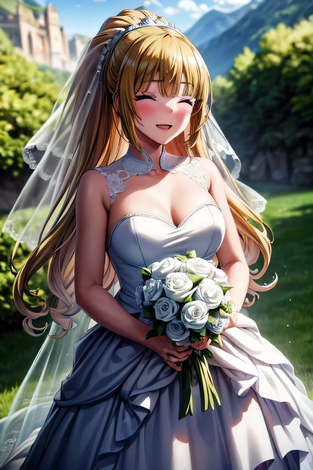 (masterpiece, top quality, best quality, official art, beautiful and aesthetic:1.2), (1girl:1.3), extremely detailed, official artstyle, highest detailed, parted lips,wallpaper, both eyes closed, long hair, beautiful blonde hair, ponytail hairstyle, bangs, (happiness, beautiful smile, happy expression, happy face), ((Wedding dress, chies, Bridal veil, Wedding, Bouquet)),(cowboy shot), holding a flower