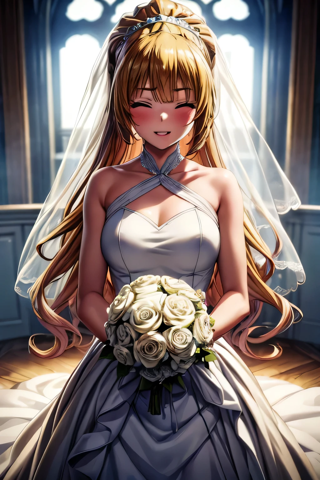 (masterpiece, top quality, best quality, official art, beautiful and aesthetic:1.2), (1girl:1.3), extremely detailed, official artstyle, highest detailed, parted lips,wallpaper, both eyes closed, long hair, beautiful blonde hair, ponytail hairstyle, bangs, (happiness, beautiful smile, happy expression, happy face), ((Wedding dress, chies, Bridal veil, Wedding, Bouquet)),(cowboy shot), holding a flower