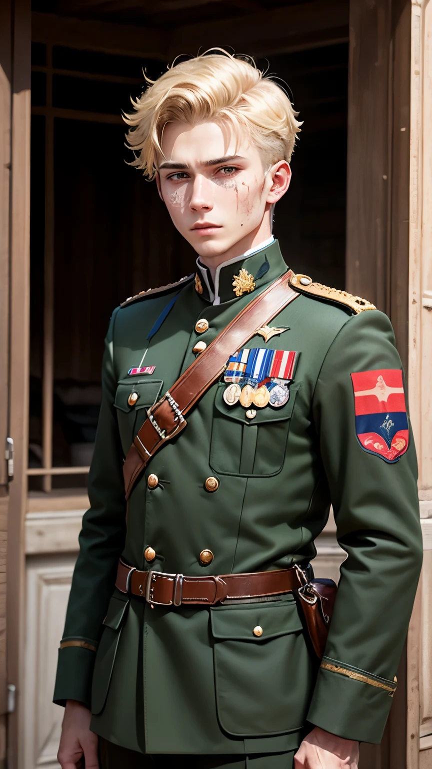 He was wounded in France during World War I.、25-year-old boy sheltered in French village、Depicting British soldier James。Blonde short hair、Green eyes、He is about 180cm tall.、He looks a little haggard because his wounds are healing.。Dressed in British military uniform、There is a bandage around the shoulder。A mix of kindness and determination、Calm but strong-willed。As a background:、I want the French country barn where he hides。
With digital painting、The intricate details of the uniform are visible through the colorful hair.。