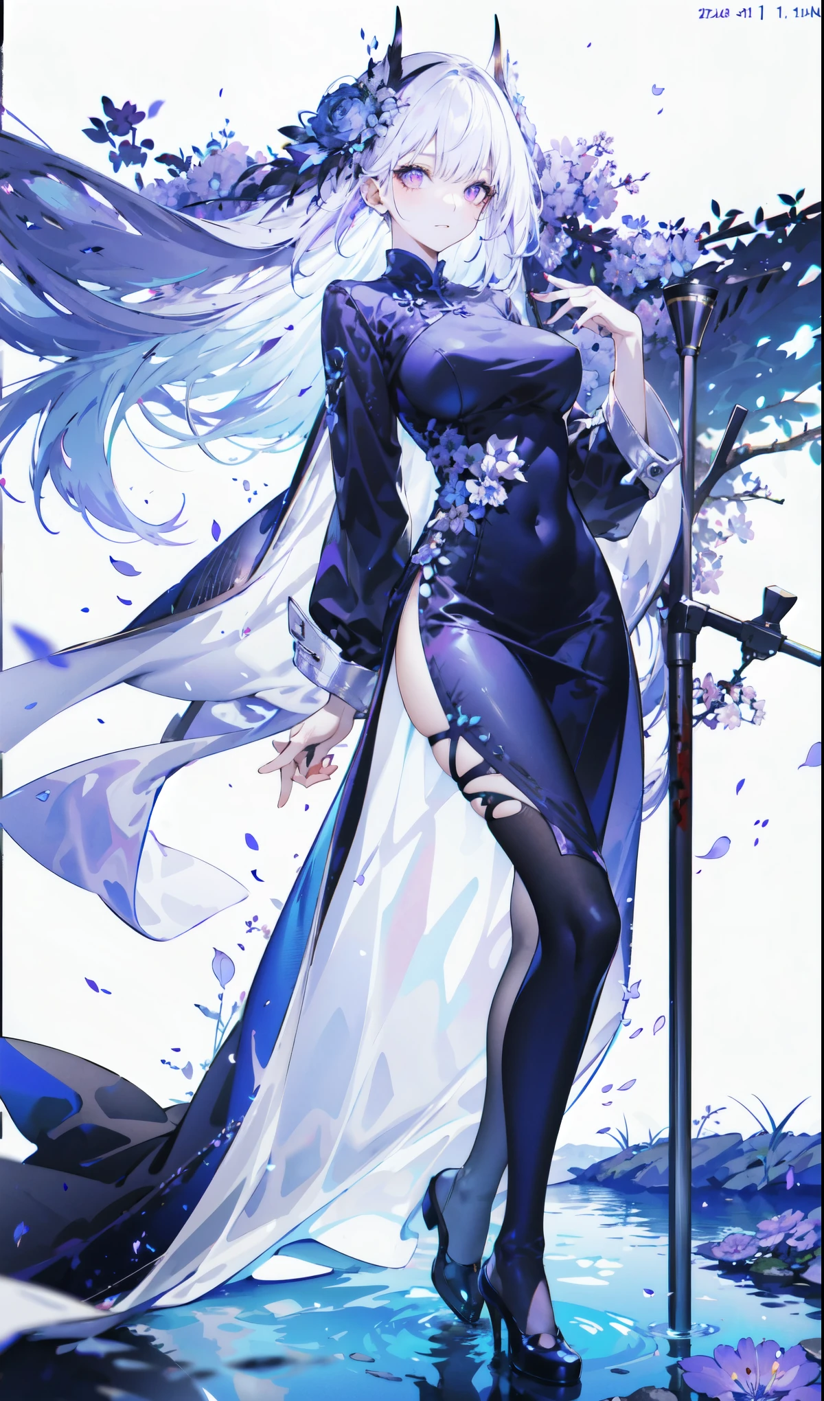 ((masterpiece:1.4,best quality)),(Super detailed),(Extremely detailed eyes),(Black leggings,Shiny socks:1.5),Hello Darkness
((Sexy Girl,Large Breasts)),(Blood-red pupils,Diamond-shaped pupil:1.15),Purple Eyeshadow,(Elongated hair,Thick hair,shiny hair:1.5)(Variza:1.2),Fair skin,tilt head to one side,Kneel down
(She wears blue armor,Tight cheongsam,:1.5),Very long plush sleeves,White,White Cloud,Dream bubbles ,Ice and glitter effects
(Black long skirt:1.1),
(dawn:1.2),
(Intense black and white:1.16),(Depth of Field:1.4),,Intricate details,(Sky Castle,Standing on the lake,Purple flowers by the lake)