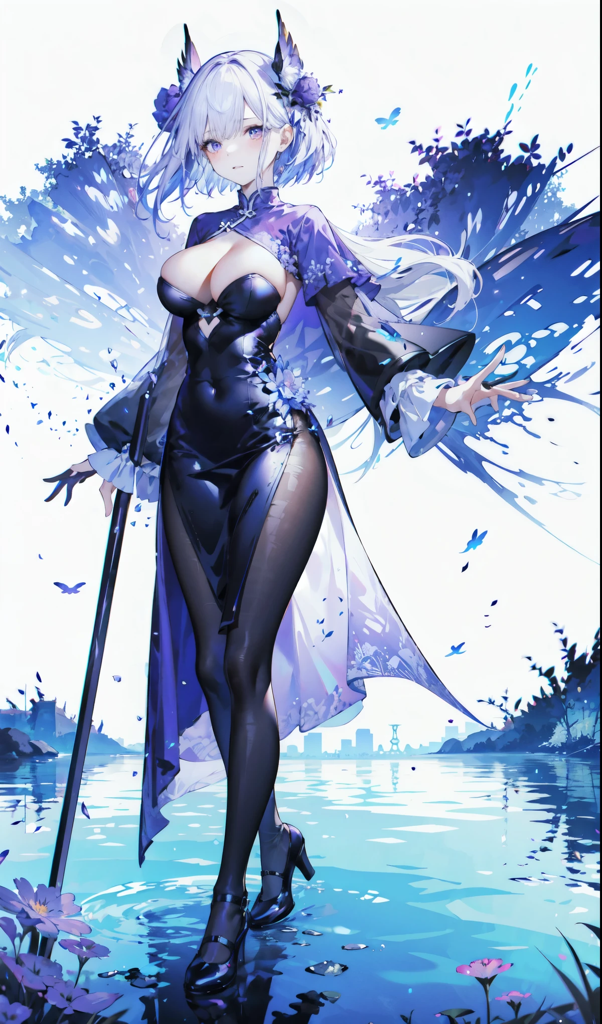 ((masterpiece:1.4,best quality)),(Super detailed),(Extremely detailed eyes),(Black leggings,Shiny socks:1.5),Hello Darkness
((Sexy Girl,Large Breasts)),(Blood-red pupils,Diamond-shaped pupil:1.15),Purple Eyeshadow,(Elongated hair,Thick hair,shiny hair:1.5)(Variza:1.2),Fair skin,tilt head to one side,Kneel down
(She wears blue armor,Tight cheongsam,:1.5),Very long plush sleeves,White,White Cloud,Dream bubbles ,Ice and glitter effects
(Black long skirt:1.1),
(dawn:1.2),
(Intense black and white:1.16),(Depth of Field:1.4),,Intricate details,(Sky Castle,Standing on the lake,Purple flowers by the lake)