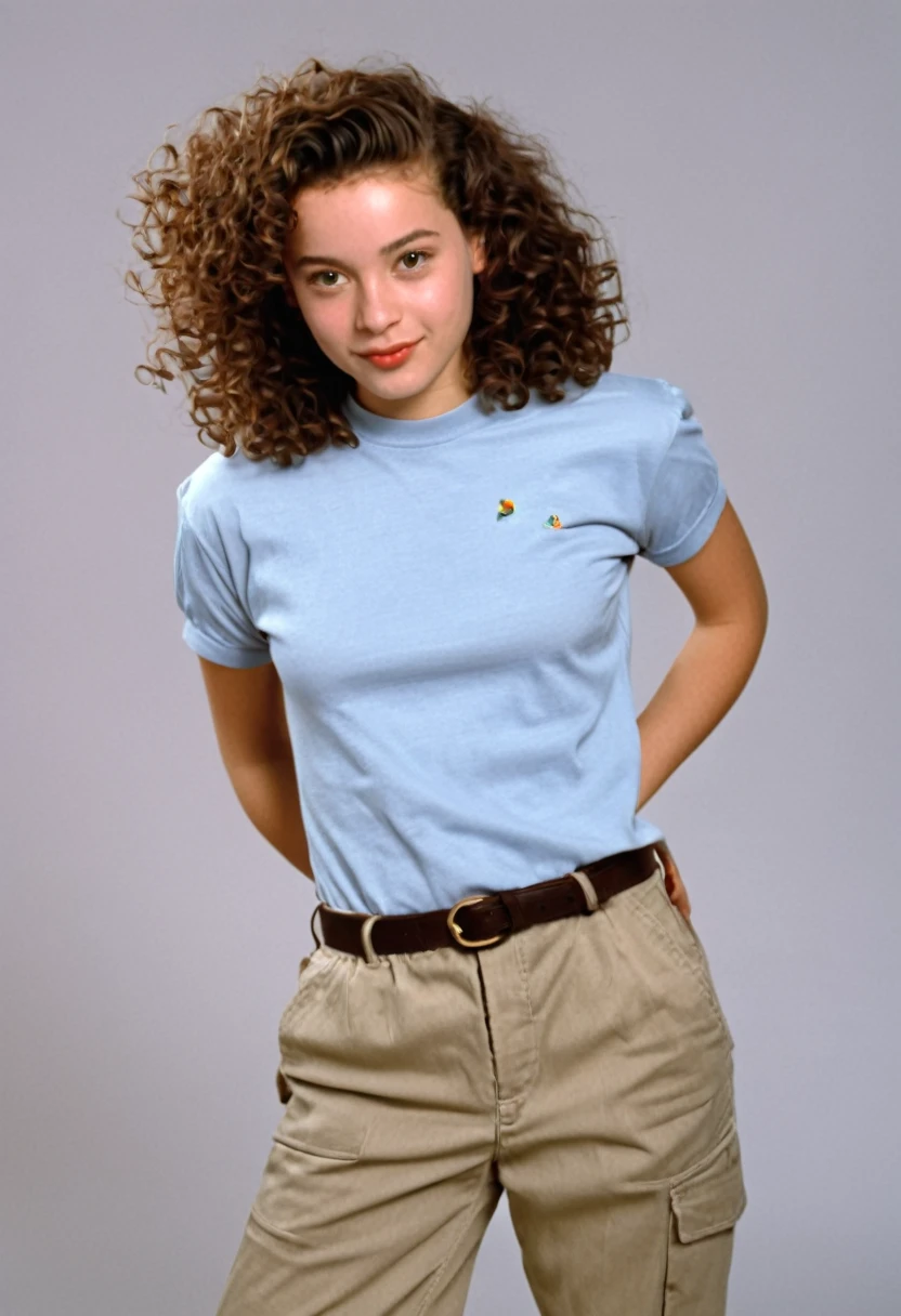 1996 clothing style, twenty year old woman, shoulder length curly hair laying flat, 90s clothing, 1990s, studio portrait, shy and demure pose, photorealism, high quality, 8k, 130 lbs, 90s style, 1990s, tee shirt and khakis, no background 