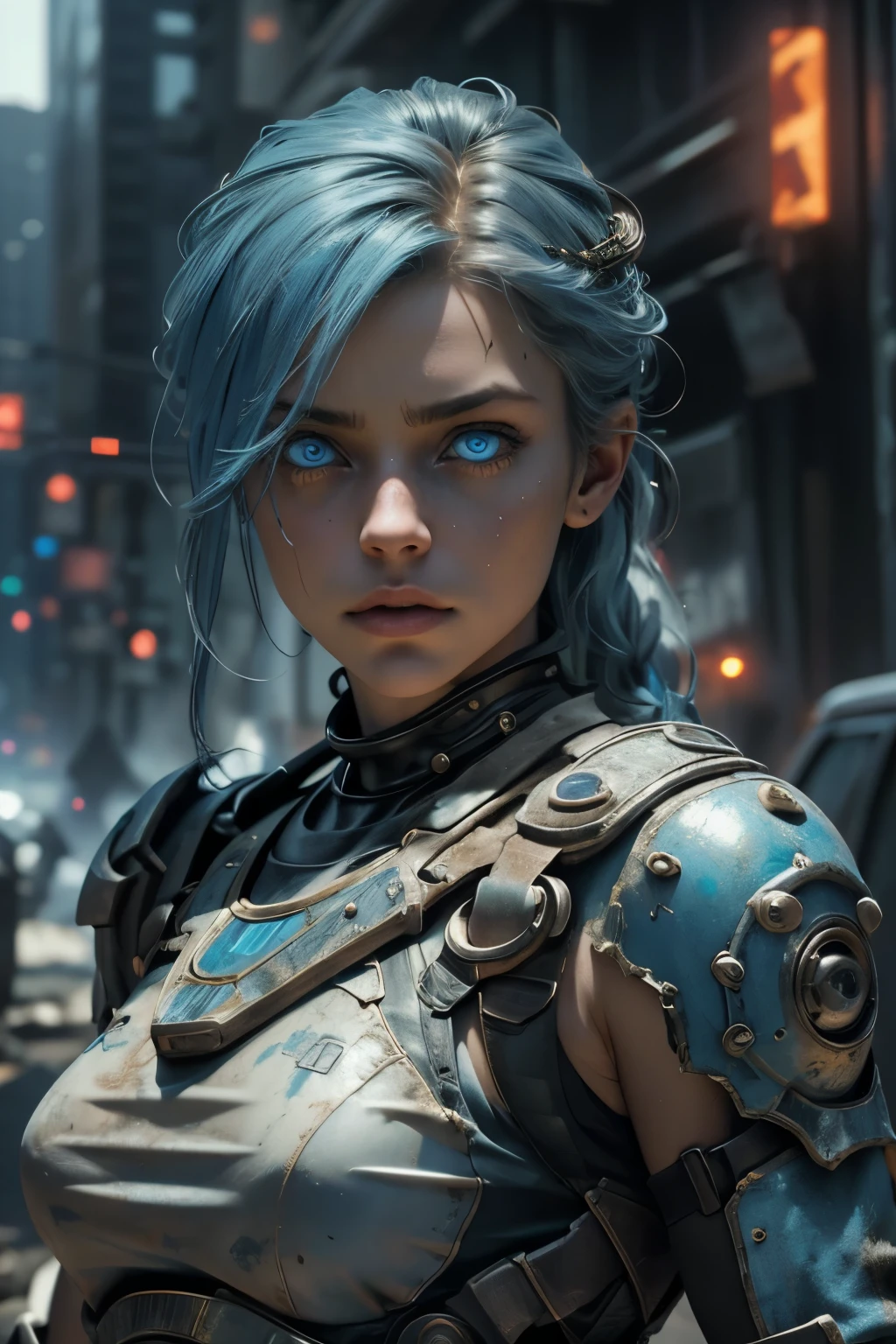 Female representation of the apocalypse, beautiful, piercing blue eyes, hyperdetailed, photorealistic, post apocalyptic background, volumetric lighting, 4k