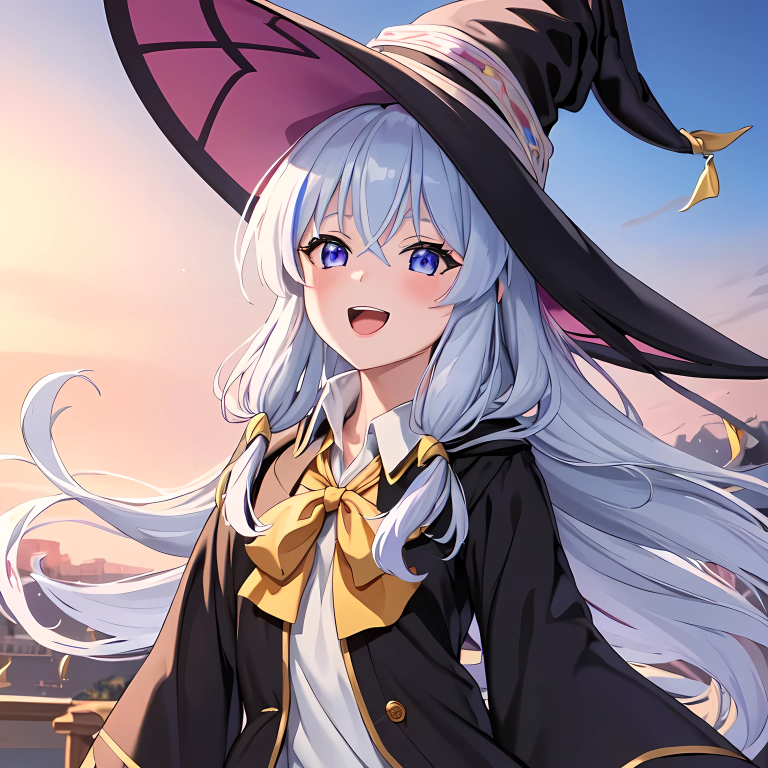 (masterpiece:1.6, best quality), (finely detailed beautiful eyes: 1.2),  phelaina, Eouftit3,  Eof3, 1girl, elaina (majo no tabitabi), solo, witch hat, long hair, black headwear, blue eyes, collared shirt, hair between eyes, white shirt, ribbon, yellow ribbon, bangs, upper teeth only, teeth, neck ribbon, bow, witch, open clothes, blush, anime coloring, hood, yellow bow, jewelry, floating hair, yellow bowtie, shiny hair, bowtie, black robe, wing collar, open robe, purple eyes, dress shirt
,  anime color,  