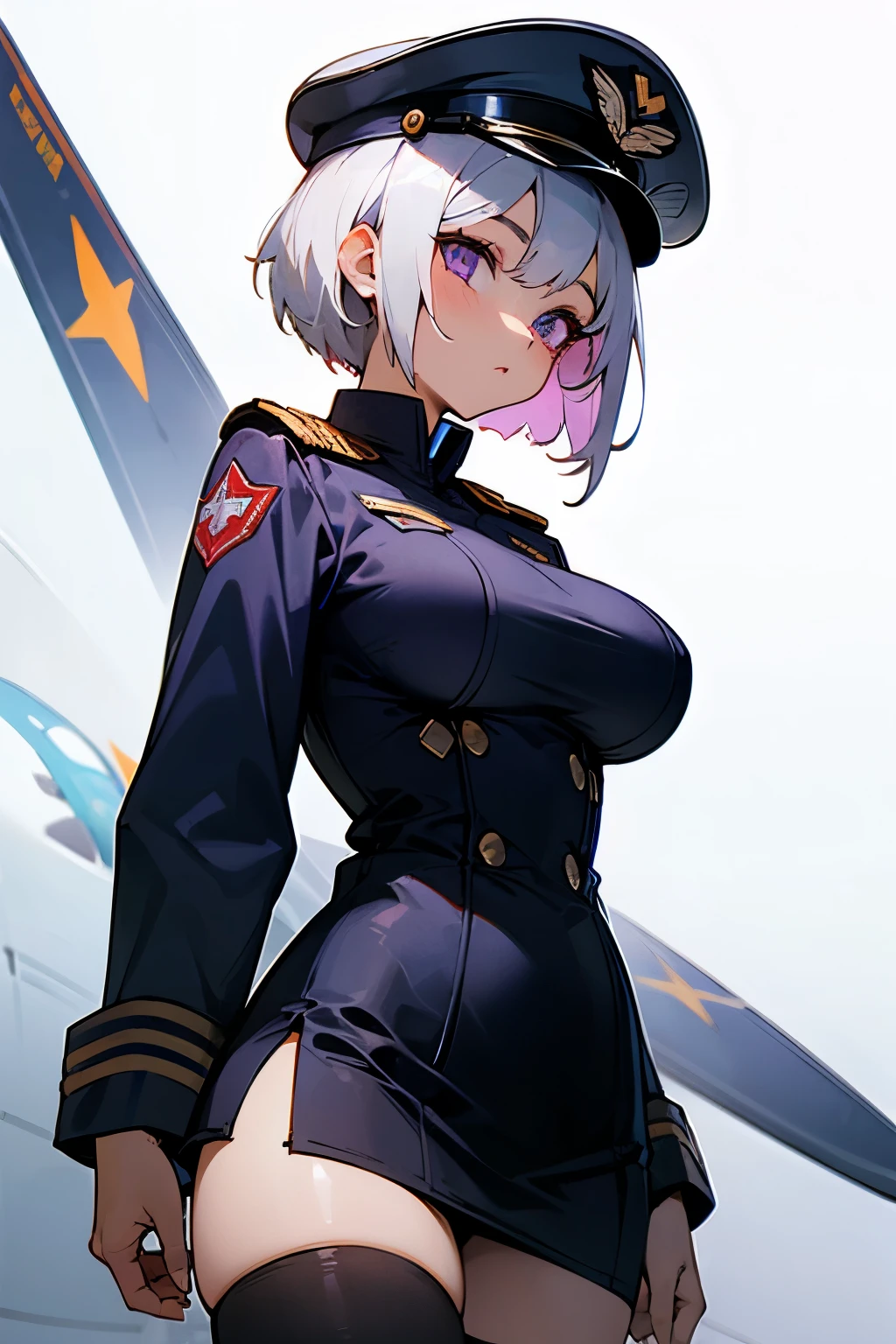 Girl, short white hair, violet eyes, pilot captain, big breasts, short skirt