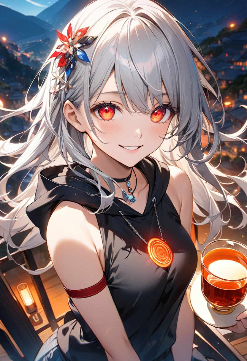 最high quality、Best image quality、masterpiece、girl((18-year-old、 By becoming、Best Bust、Medium Bust,Tea with a wide open chest、Red glowing eyes,Silver Hair、Disheveled Hair、Long Hair、thin,Highest valley、Open chest、Illuminated Wristbands、smile、hair ornaments、Glowing necklace、Black sleeveless hoodie(1:2)、Blue short skirt、Angle from directly above、Disheveled clothing、Show your whole body,Cut quickly)),high quality、Beautiful art、background((Cosmic))、Flight、flying debris、Written boundary depth、movie、Visual Arts、Perfect art、8k,Genuine、