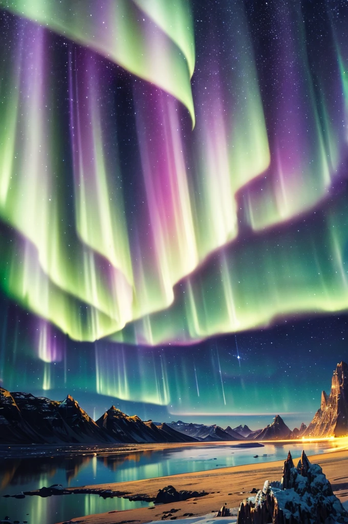 landscape, Ultra high quality, (Background Asgard), detail, light, 8K, (Northern Lights in the sky), constellation, (Background Asgard)
