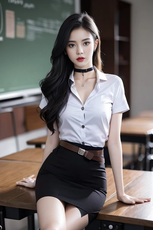 (Masterpiece, best quality, alone, รายละเอียดที่complex, Chromatic aberration), realistic, ((Moderate breath)), hair in one eye,purple eyes, earring, sharp eyes, choker, (symmetrical eyes),(Perfect symmetrical body),Photo of a beautiful 24 year old girl,(fit the body), Beautiful and charming with contemporary fashion paintings as well......, looking at the audience, ((in the classroom background)), (1 Girl),(black short skirt), (white short sleeve, Form fitting shirt., Unbuttoning the buttons, เผยหน้าอกsmallน้อย..), (He wore a short blue lab coat...),((A short black pencil skirt with a deep slit on the side....)), sugar belt, ((Put your hands down.)),Blue blonde hair, Bob, long hair, Side flatness,round chin, Art lens 85mm, Sharp focus, High resolution 8K, Crazy details, complex, elegant,sitting on the study table Lift one leg to eye level..., ขาออกจากกันsmallน้อย.,dynamic gesture,small
