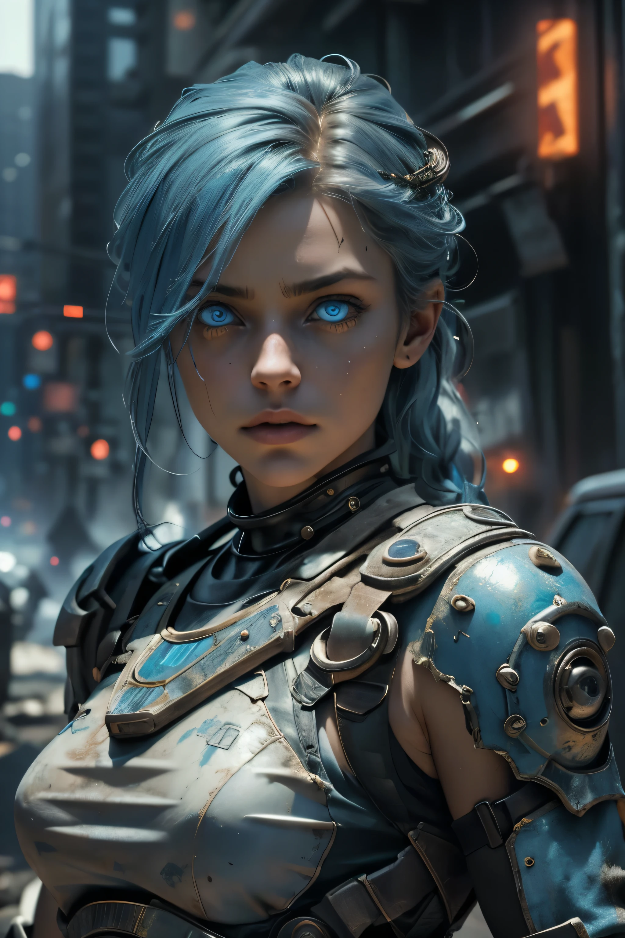 Female representation of the apocalypse, beautiful, piercing blue eyes, hyperdetailed, photorealistic, post apocalyptic background, volumetric lighting, 4k