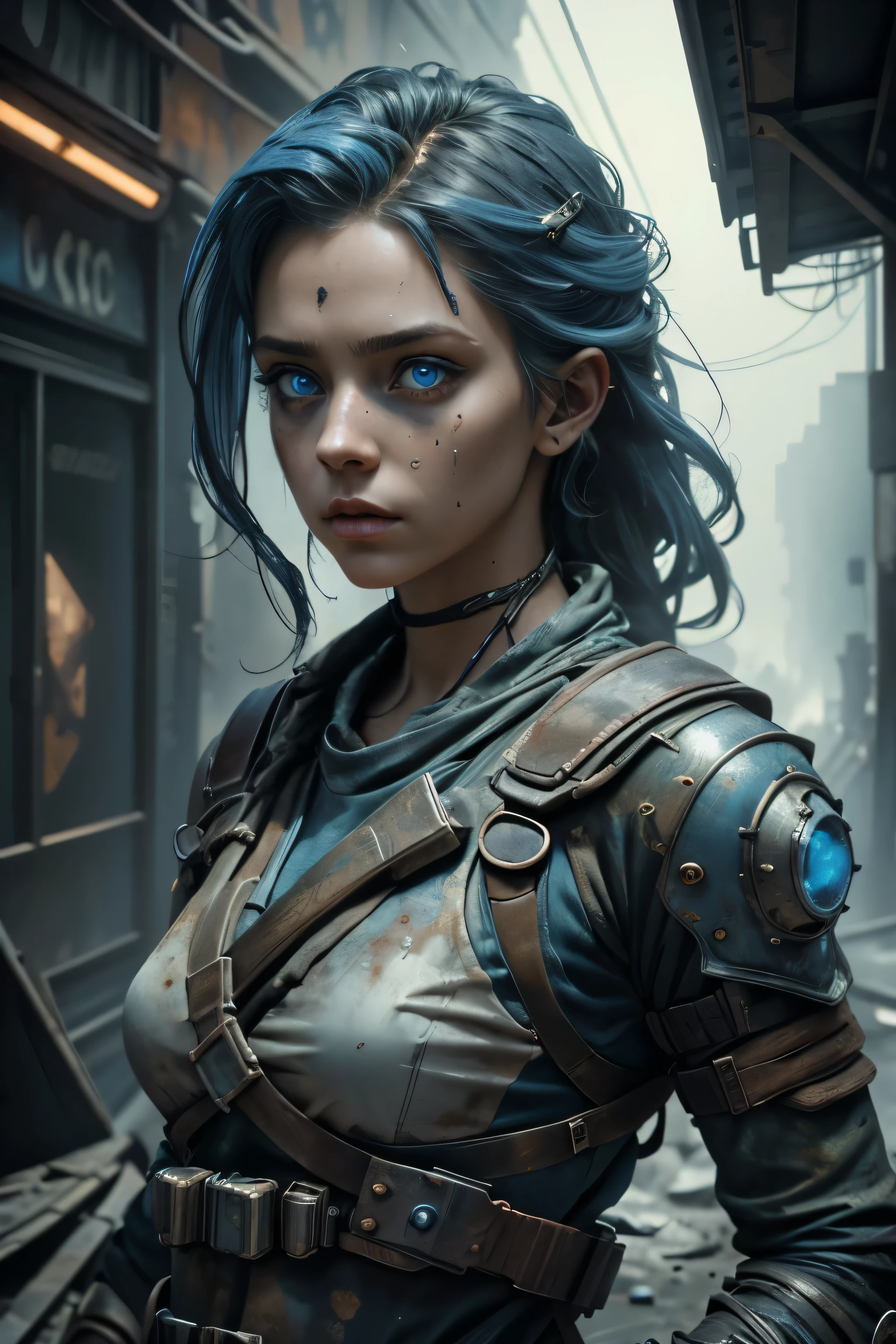 Female representation of the apocalypse, beautiful, piercing blue eyes, hyperdetailed, photorealistic, post apocalyptic background, volumetric lighting, 4k
